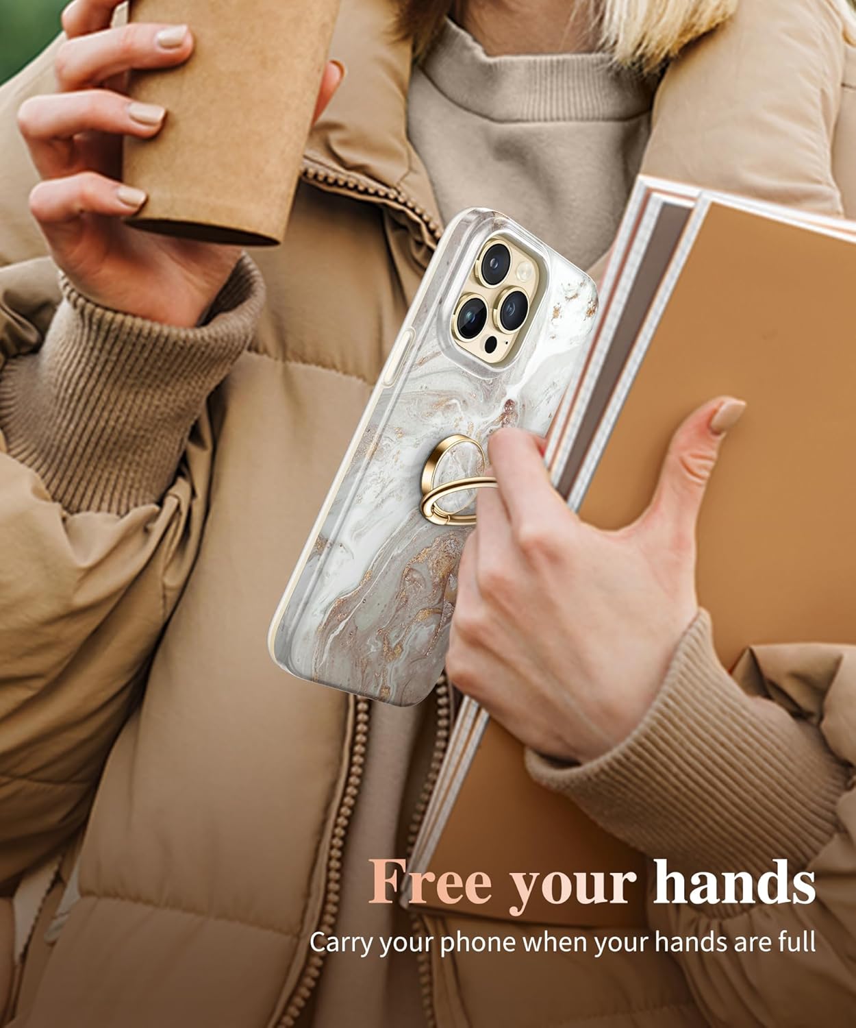 GVIEWIN Bundle - Compatible with Samsung Galaxy S25 Ultra Case (Pearlescent/Gold)+ Marble Cell Phone Ring Holder (Pearlescent/Gold)(2 Items Bundle)