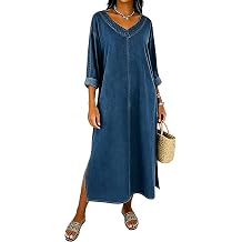 Womens Casual Summer 3/4 Sleeve Maxi Denim Dress V Neck Side Split Loose Flowy Shift Jean Dresses
