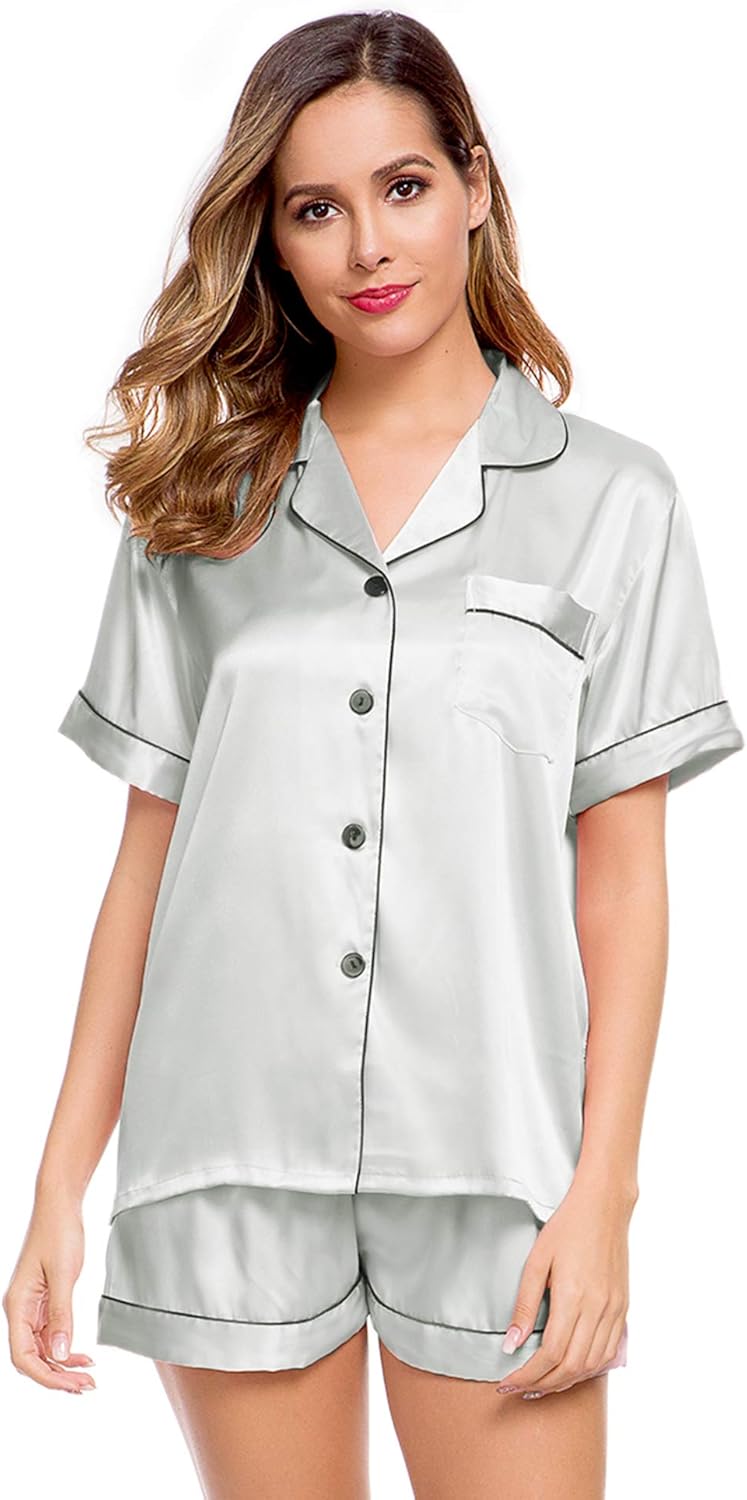 LecGee Womens Silk Satin Pajamas Short Sleeve Loungewear Two-Piece Sleepwear Button-Down Pj Set - Image 2