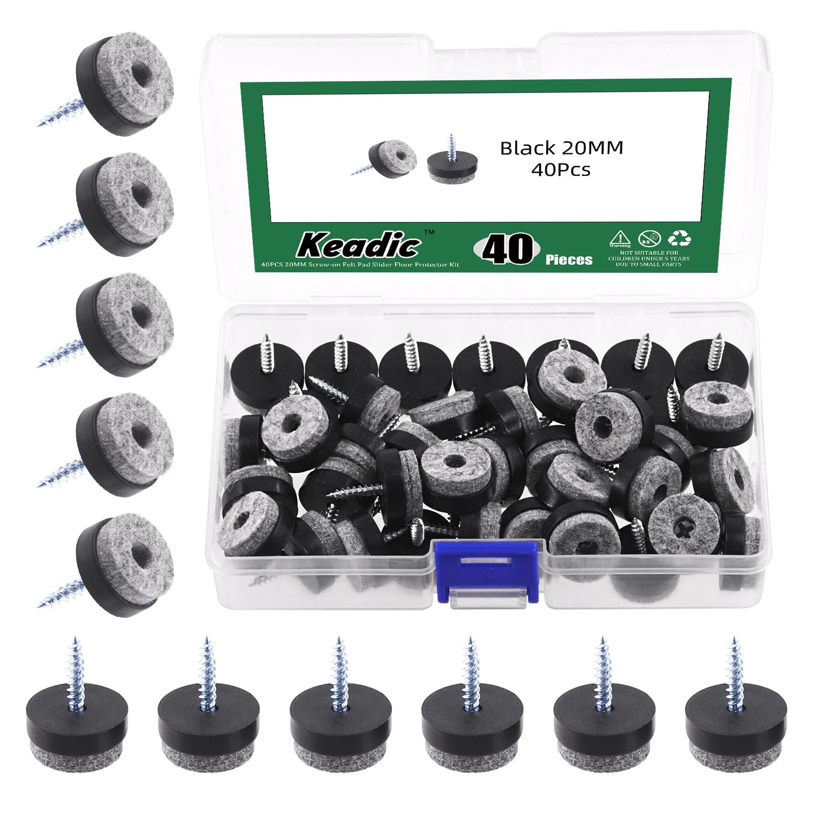 Keadic 40Pcs 4/5"(20mm) Screw-on Furniture Felt Pads Bulk Set, Round Slider Glide Floor Protector for Wooden Furniture Chair Tables Leg Feet (Black) — image 1