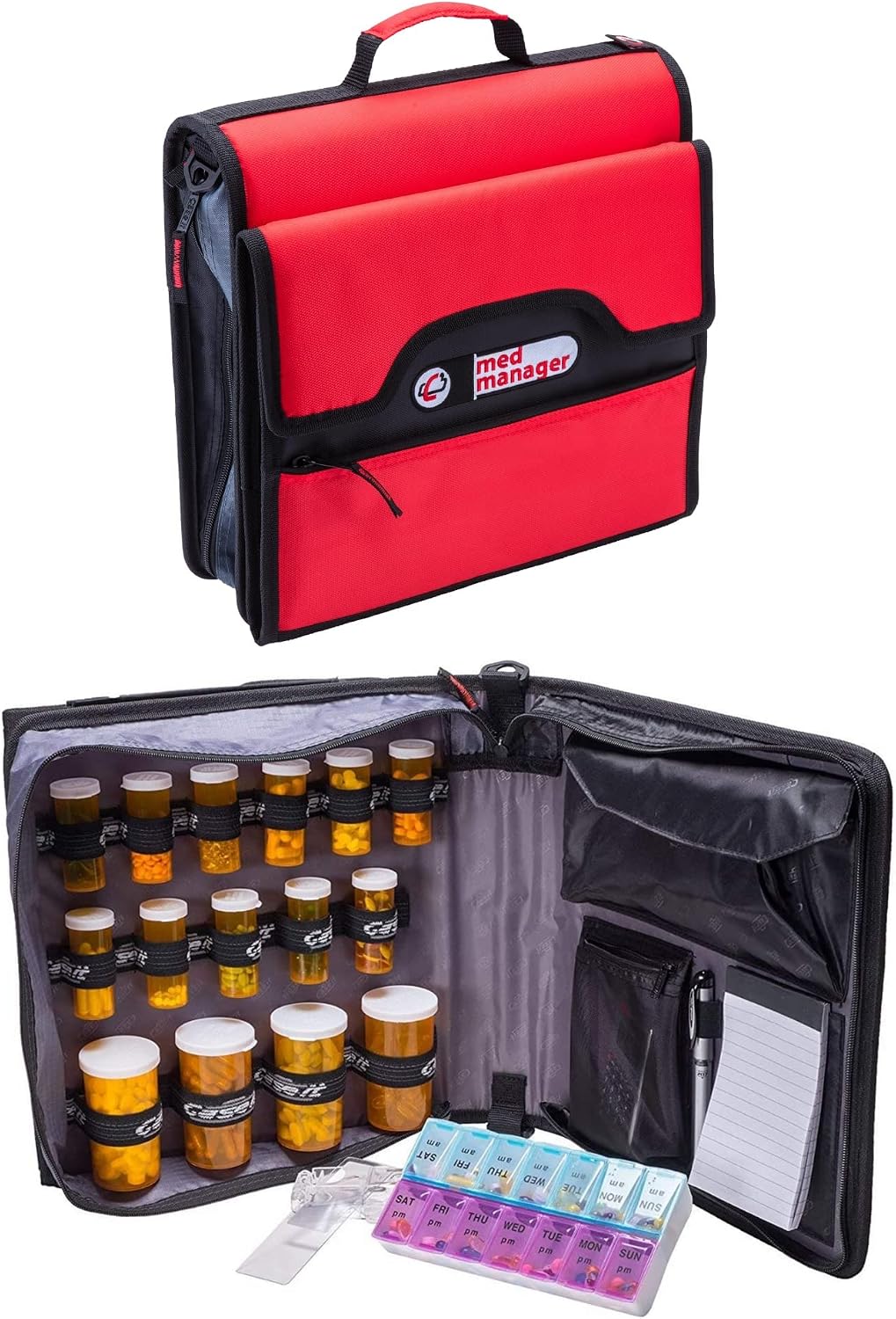 Med Manager Deluxe Medicine Organizer and Pill Case, Holds (15) Pill Bottles - (11) Standard Size and (4) Large Bottles, Red, 13 inches x 13 inches x 4.5 inches