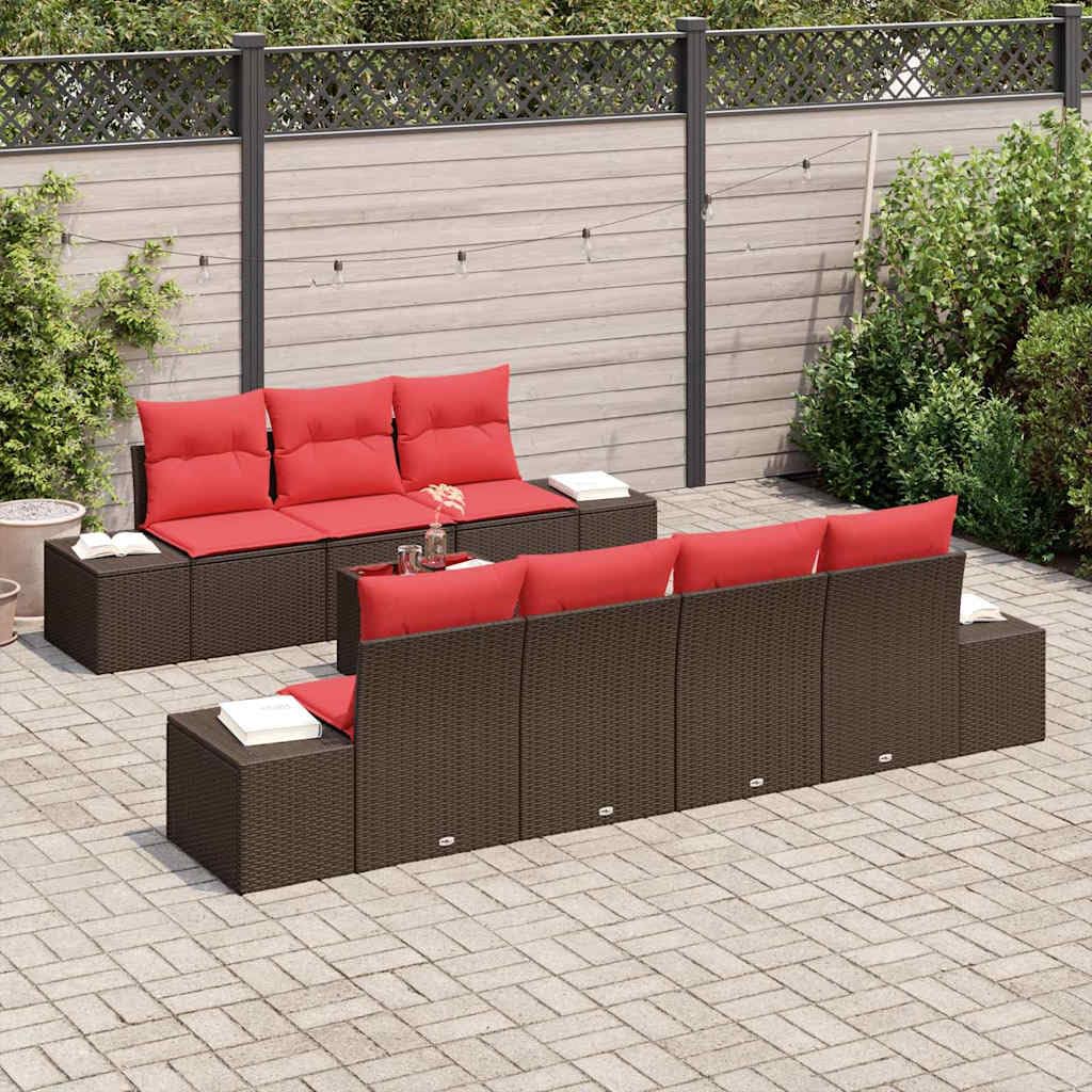 Ensemble de Canapé de Jardin 8 Pièces en Polyrotin Marron, Salon de Jardin Modulable avec Table en Verre Trempé et Coussins Déhoussables pour Terrasse, Patio et Espaces Extérieurs