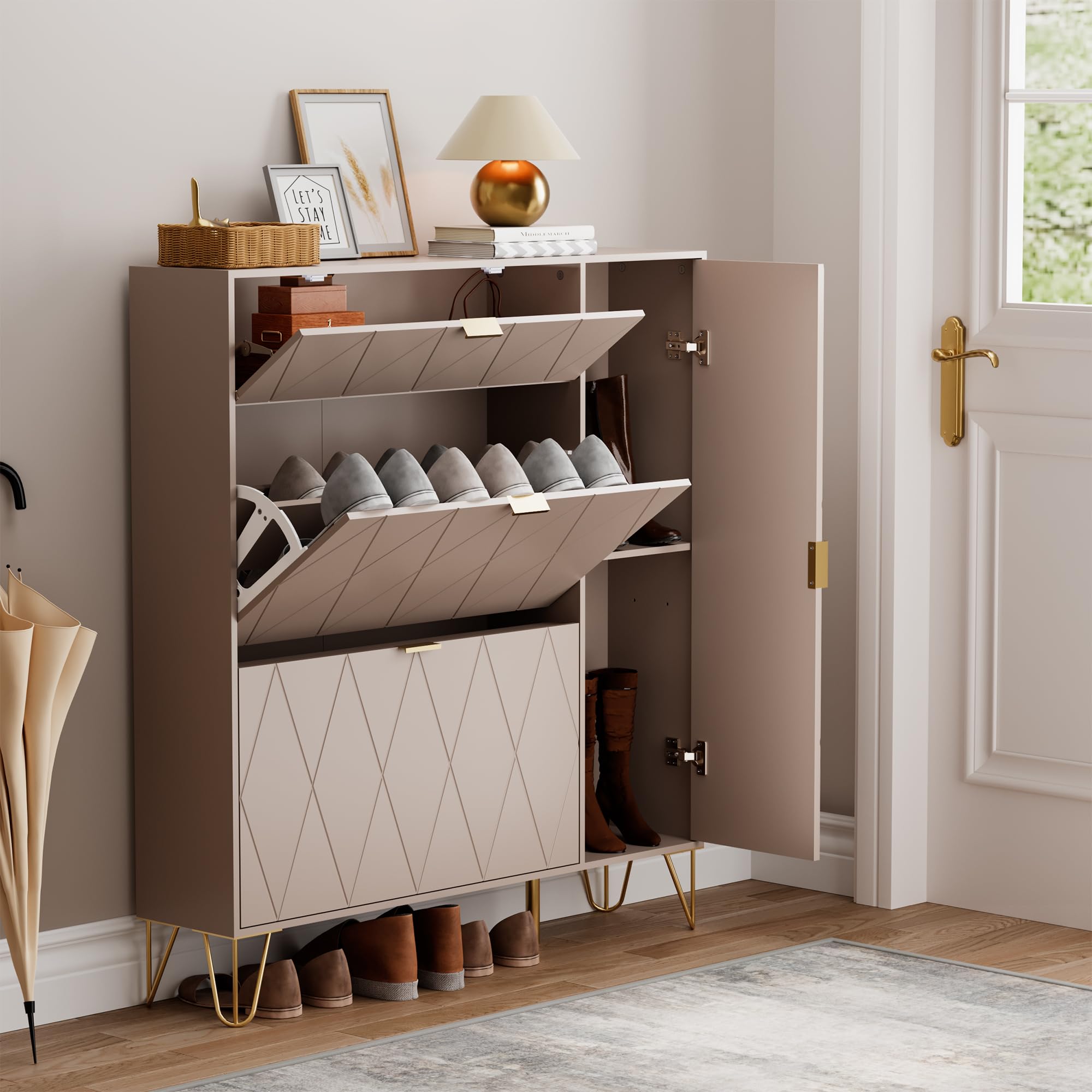 UEV Schuhschrank mit 2 Klappen und 2 Türen, 105x24x120cm, mit Kippschutz/Trennwand verstellbar, Schuhkommode, Schuhkipper schmal, Schrank Flur platzsparend Moka