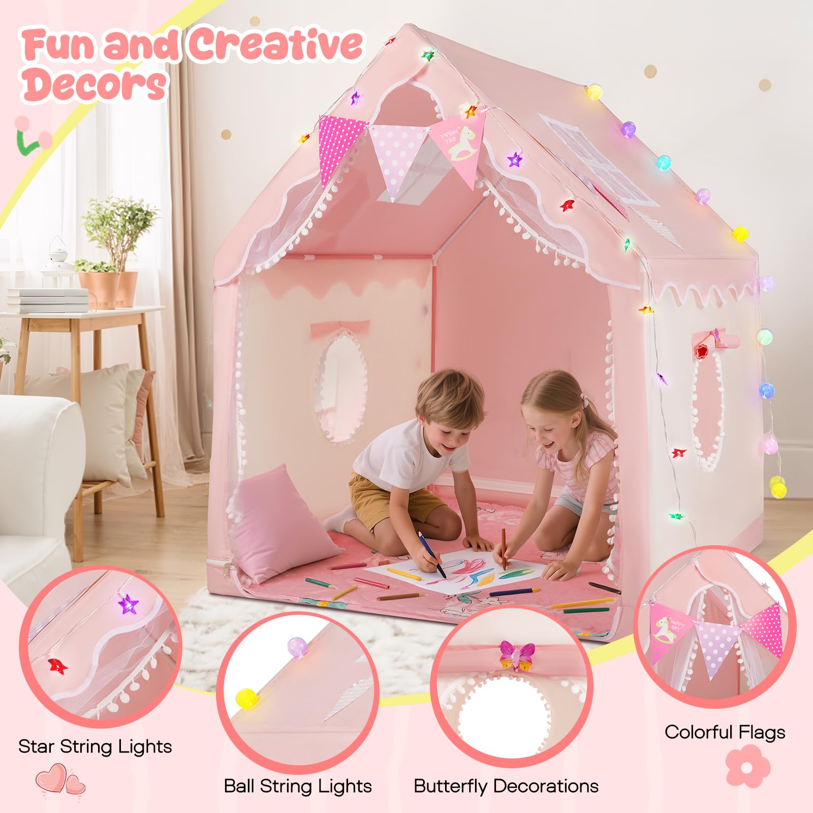 130CM Tienda Campaña Infantil Casita Infantil Exterior Tienda de Juego para Niños con Toldo Tienda de Juegos Interior y Luces Rincón Acogedor para Niños Playhouse Infantil Casa de Juegos