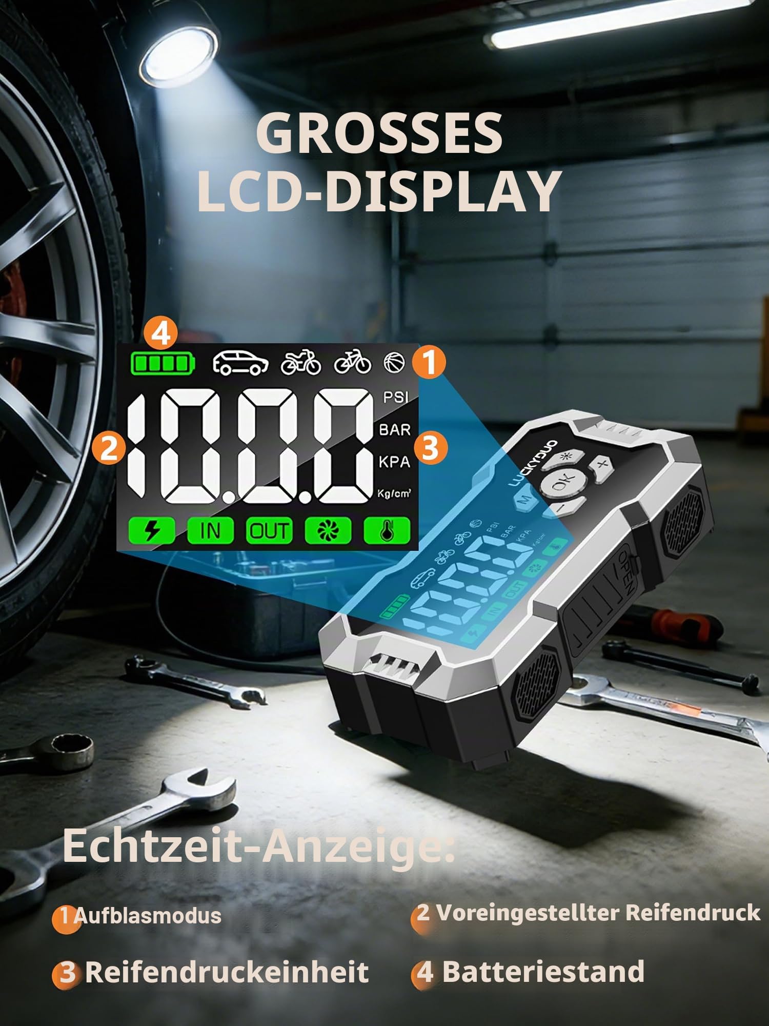 LUCKYDUO Starthilfe 8000A mit Luftkompressor 160PSI, 20000mAh | Starthilfe 2-in-1 mit Kompressor 160PSI, 8000A, 4 Modi, LED-Display, 20000mAh, Notlicht 4 Modi, Komplettset