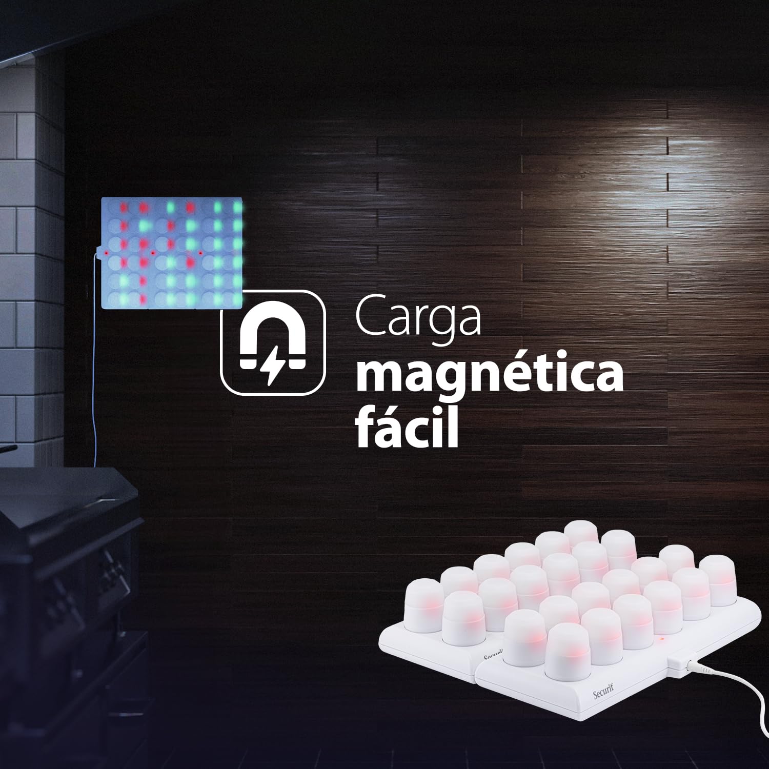 SECURIT - Set de Velas LED Recargables Amsterdam - Inalámbricas | Magnéticas - Bares, Cafés, Restaurantes - Blanco Cálido - 12 Velas, Mando a Distancia, Base, Cable de Carga Incluidos