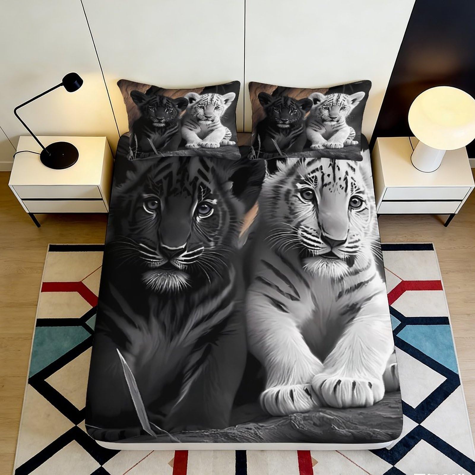 3D Printed Black Tiger Fitted Sheet Microfiber Soft Breathable White Tiger Mattress Cover for Bedroom Dorm Decor 120x200x25cm