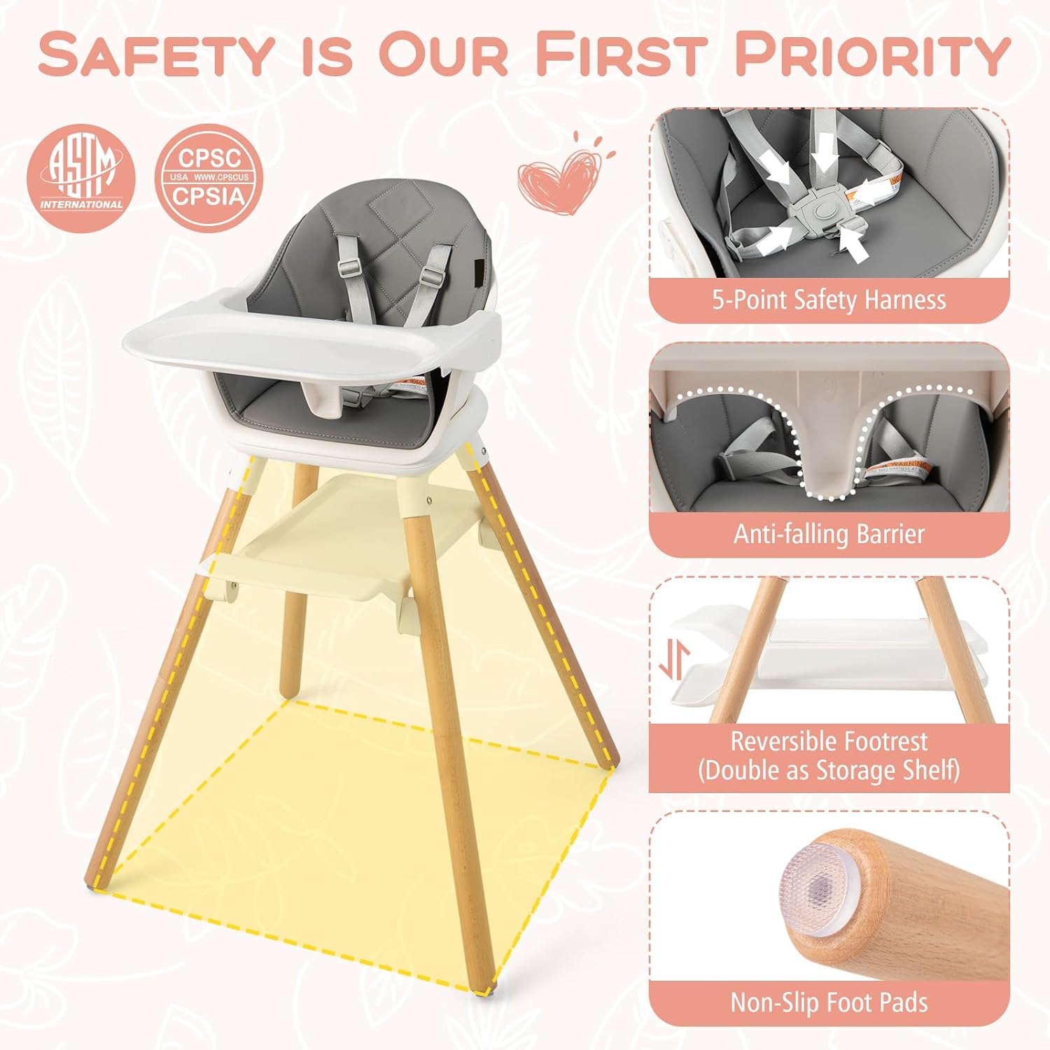 KOTEK Baby High Chair, 6 in 1 Convertible Wooden Highchair for Babies and Toddlers with Double Tray, Reversible Footrest, 5-Point Harness, Easy to Clean Baby Feeding Chair (Grey+White)