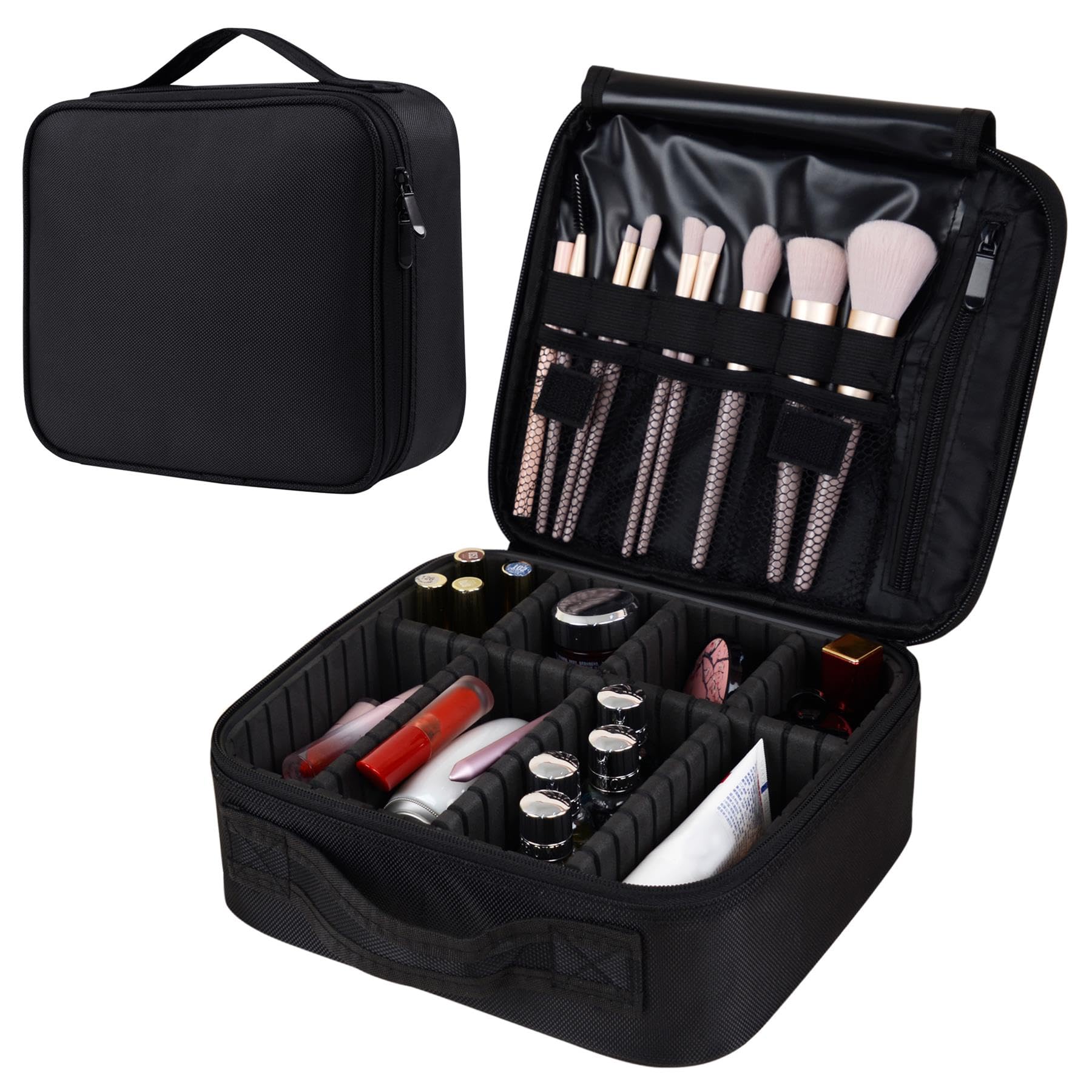 igadgitz home U7282 Travel Makeup Case, Travel Makeup Bag, Portable Cosmetic Case, Makeup Vanity Case with Adjustable Dividers and Handle - Black