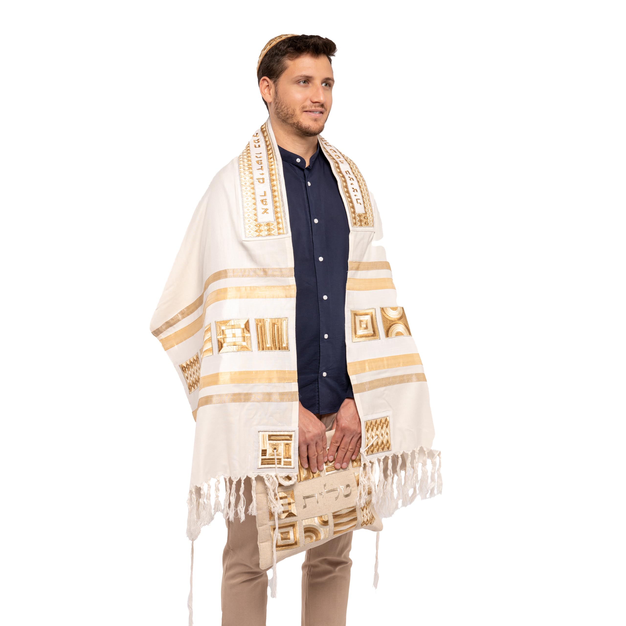 EMANUELYair Tallit Prayer Shawl Set with Yarmulke and Tallis Bag | Silk Embroidered Geometric Square Design