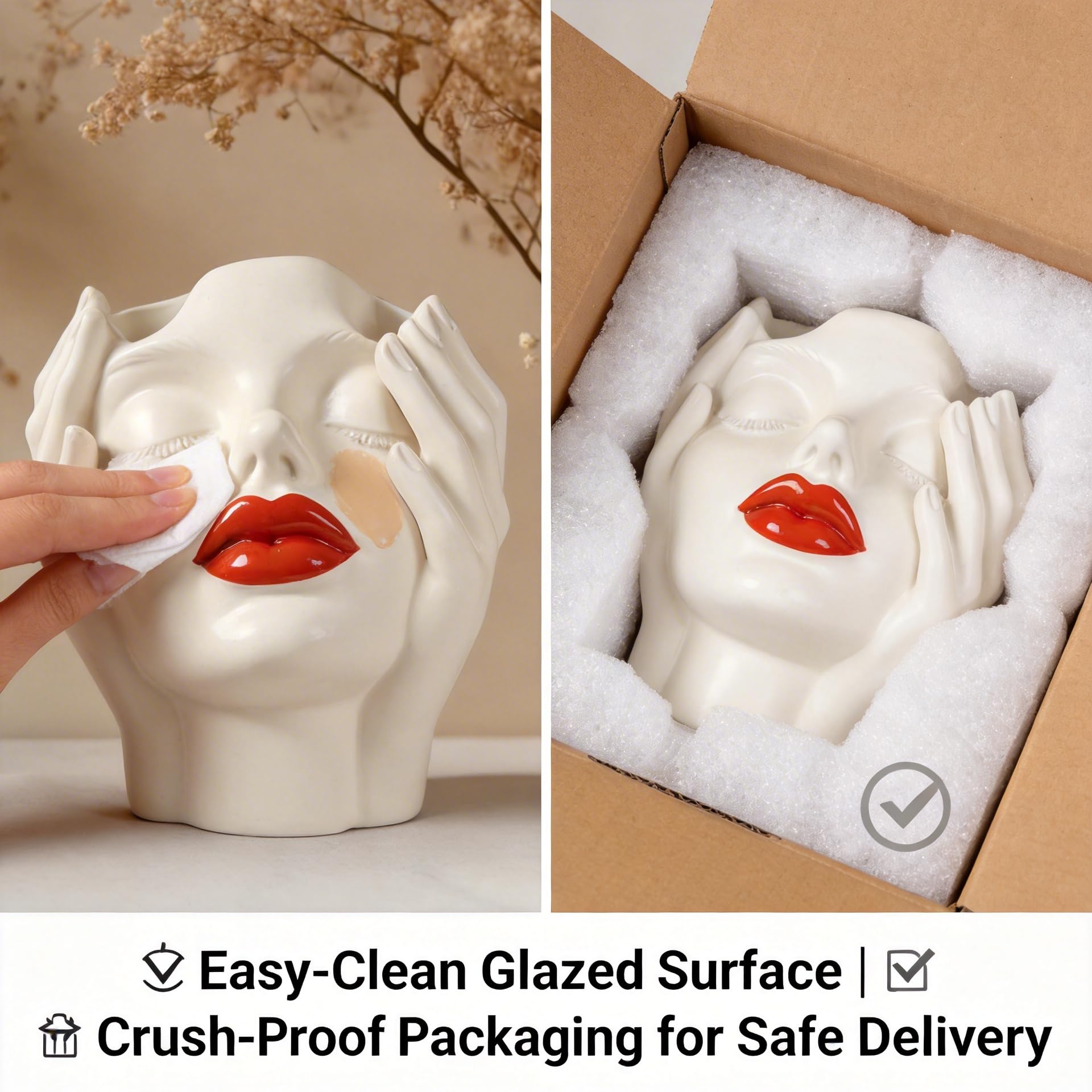 Organizzatore artistico per pennelli da trucco femminile bohémien con design dipinto a mano, confezione da 1 porta cosmetici in ceramica per decorazione da piano di lavoro (bianco crema, 12 x 8