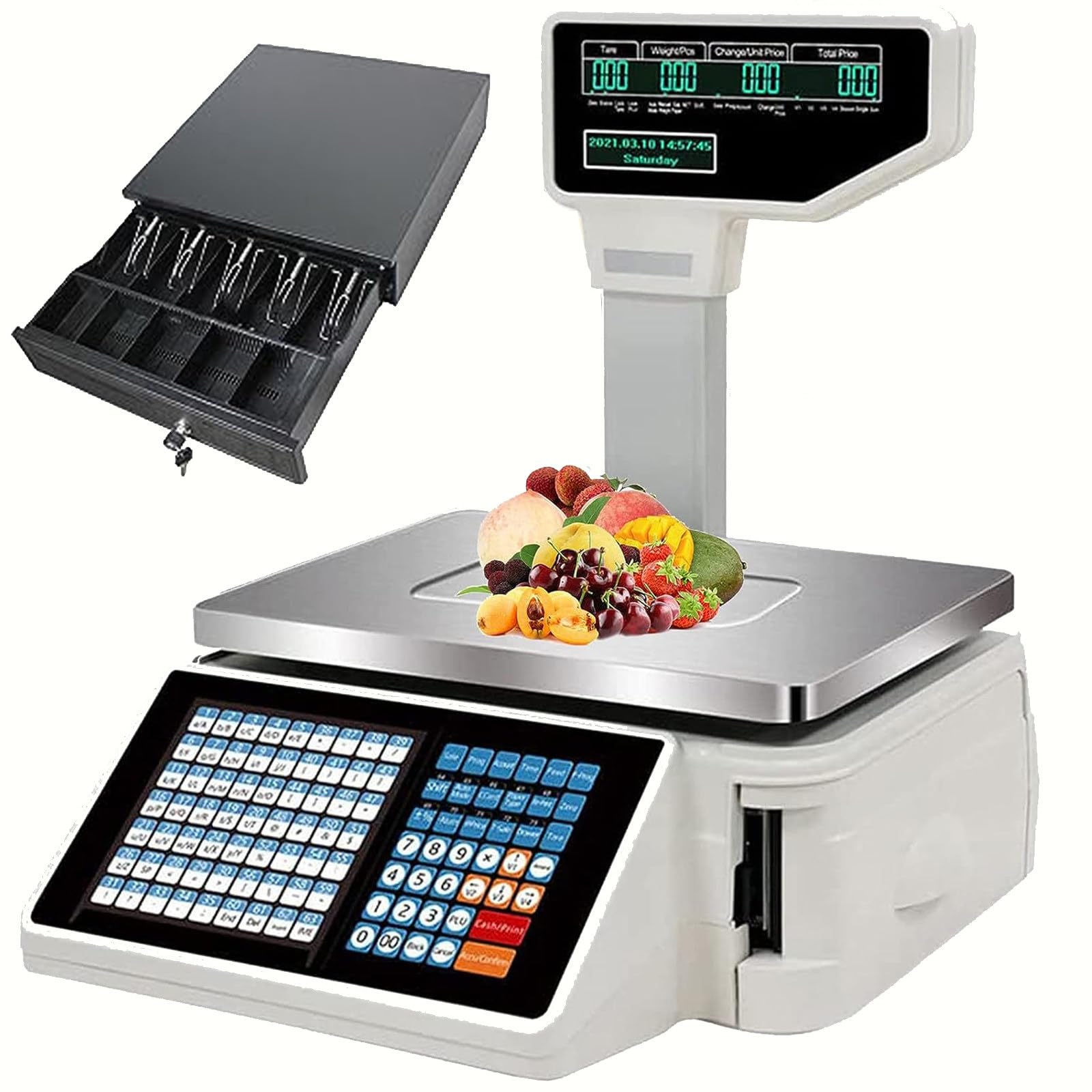 Balanza Digital De Peso Y Precio, Impresora Térmica Electrónica, Balanza con Pantalla LCD para Impresión De Etiquetas Y Cálculo De Precios, para Pesaje En Super(Máquina + Caja Registradora)