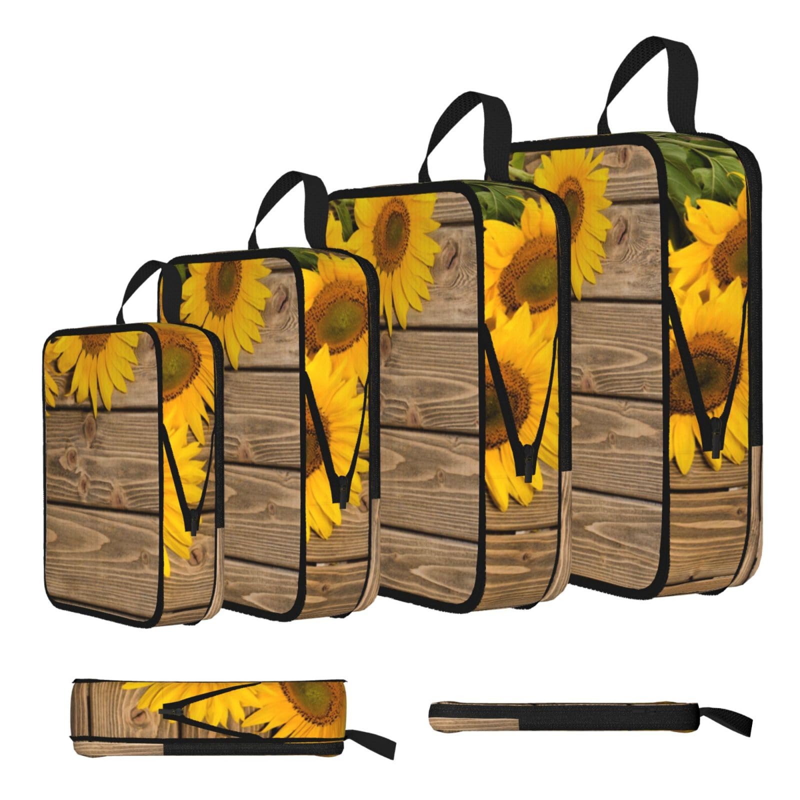 Three Sunflowers On Wooden Print Compression Packing Cubes 4-Piece Set With Multi- Compartment Travel Bag, Waterproof Suitcase Organiser Bags