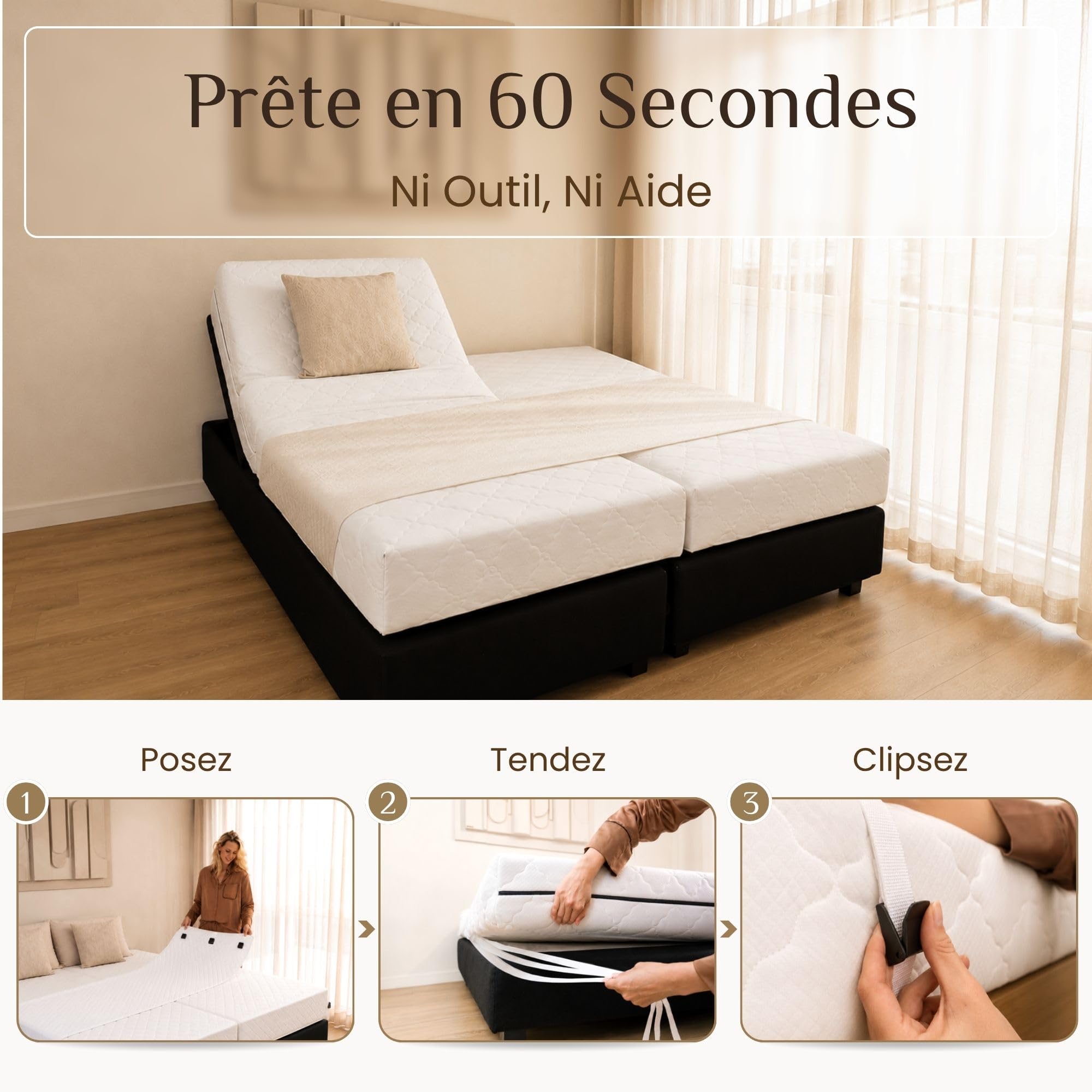 Bedbinder Deluxe Pont de Lit et Sangle Matelas Anti-Glissement pour 2 Lits | Cale Matelas et Connecteur pour Relier Deux Matelas en Un Lit Double, Compatible Lit Électrique Réglable, Sans Trou ni Bosse