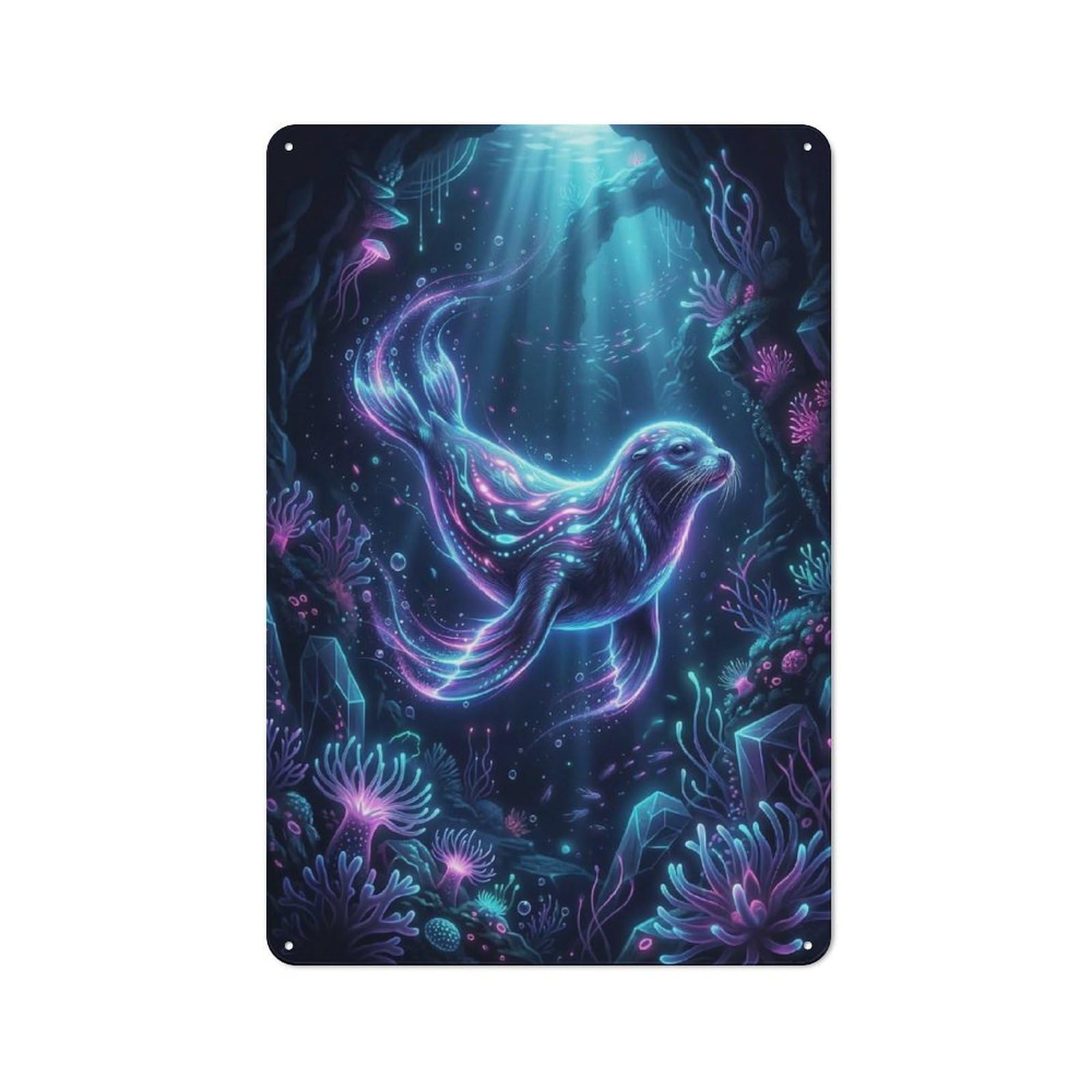 Junmoney Style-20 Bioluminescent Seal In Underwater Cave Rustic Tin Sign 30X20cm For Garden Room Or Summerhouse, For An Autumn Wall Display In Garden Room And Summerhouse