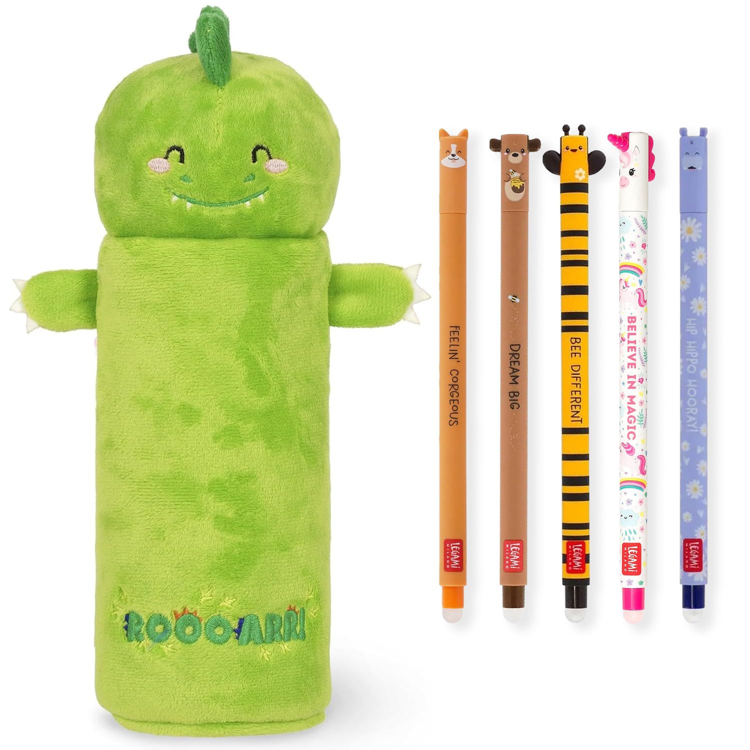 LEGAMI Super Soft Pencil Case & Erasable Gel Pens | Set of 5 Cute Animal Pens with Thermosensitive Ink + Plush Pencil Case | Back to School Supplies for Girls, Boys, Kids & Teens (Dino)