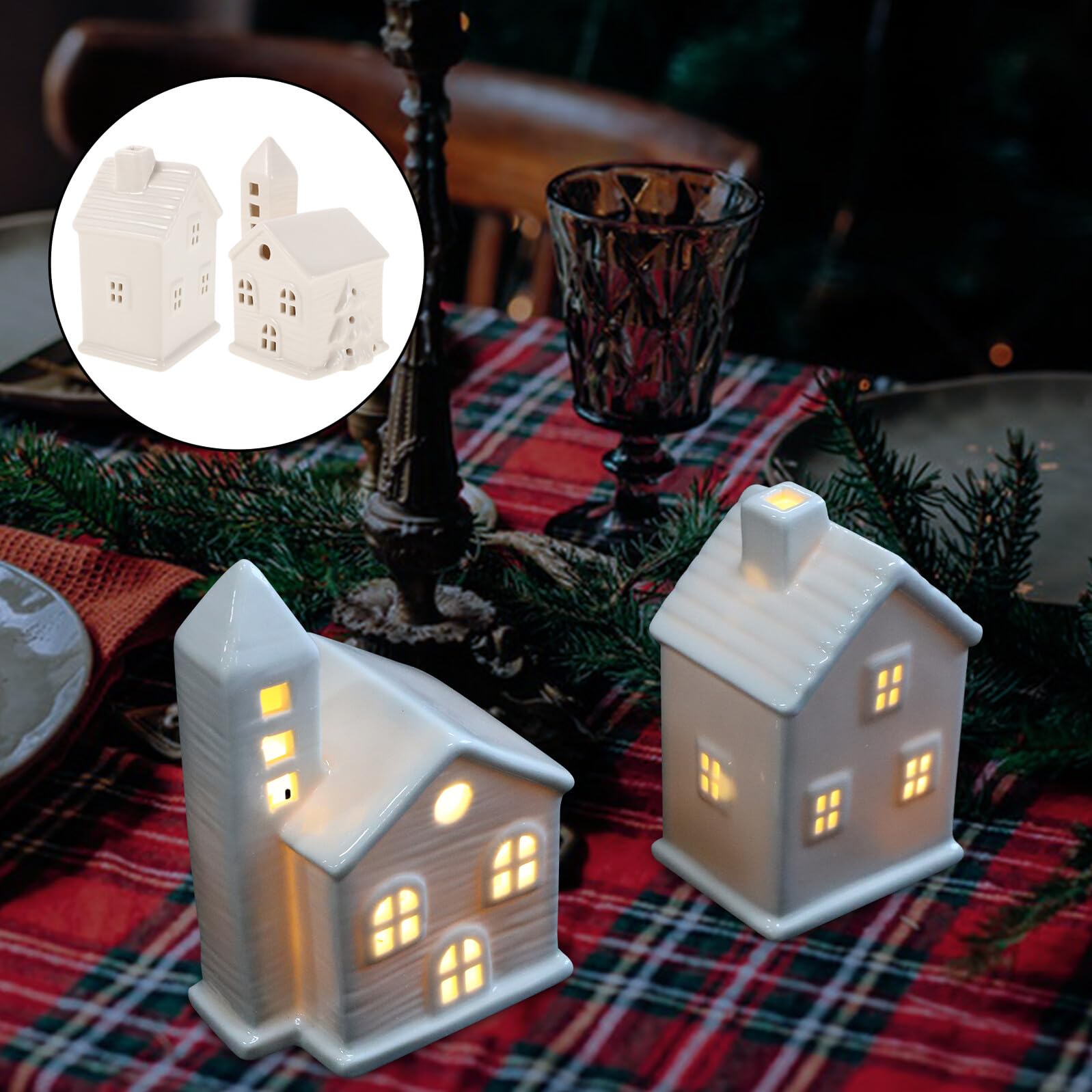 Uonlytech Casas Navideñas de Cerámica con Luces LED Cálidas, Adorno Elegante para Mesa y Árbol en Hogar Estilo Pueblo Rústico, Pack de 2 Piezas
