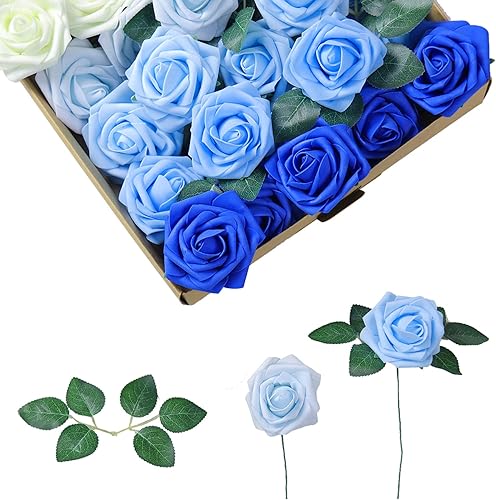 Miniatura 2 de HYUZO Flores artificiales de rosas azules, 25 unidades, flores falsas, perfectas para bricolaje, bodas, damas de honor, ramos de novia, centros de