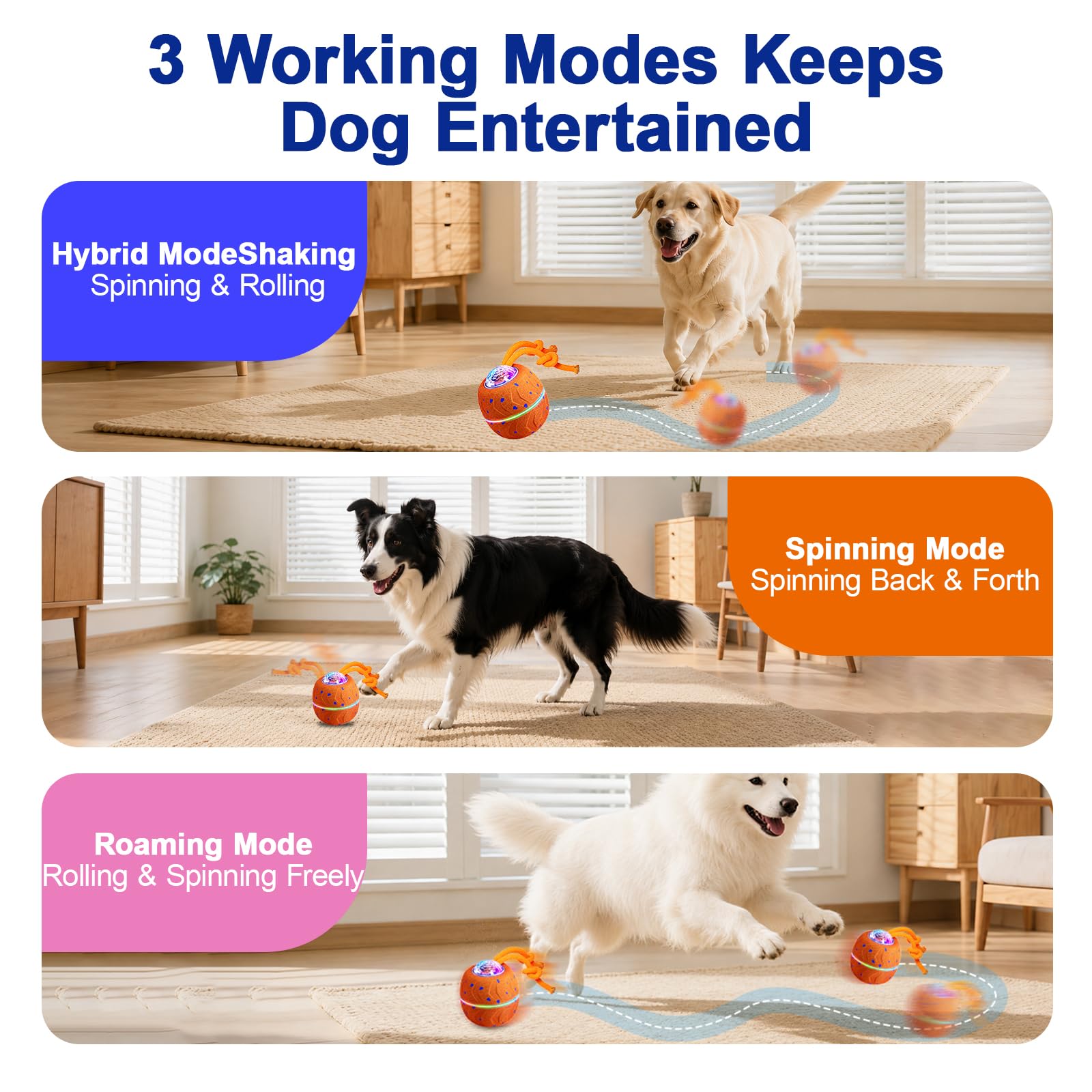 Palla giocattolo interattiva per cani, palla elettrica per cani con corda e urlo per cani, ricaricabile con USB-C e luce LED, giocattolo intelligente per cani con 3 modalità di gioco, adatto per cani