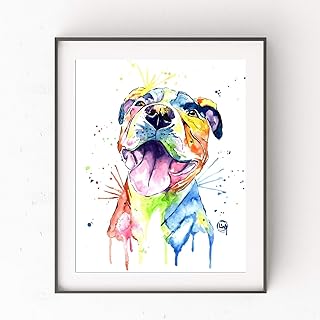 Pitbull Wall Art by Whitehouse Art | Pitbull Painting, Dog Wall Art, Dog Picture | Professional Print of Smiling Pitbull Original Watercolor | American Pitbull Gifts | 5 Sizes