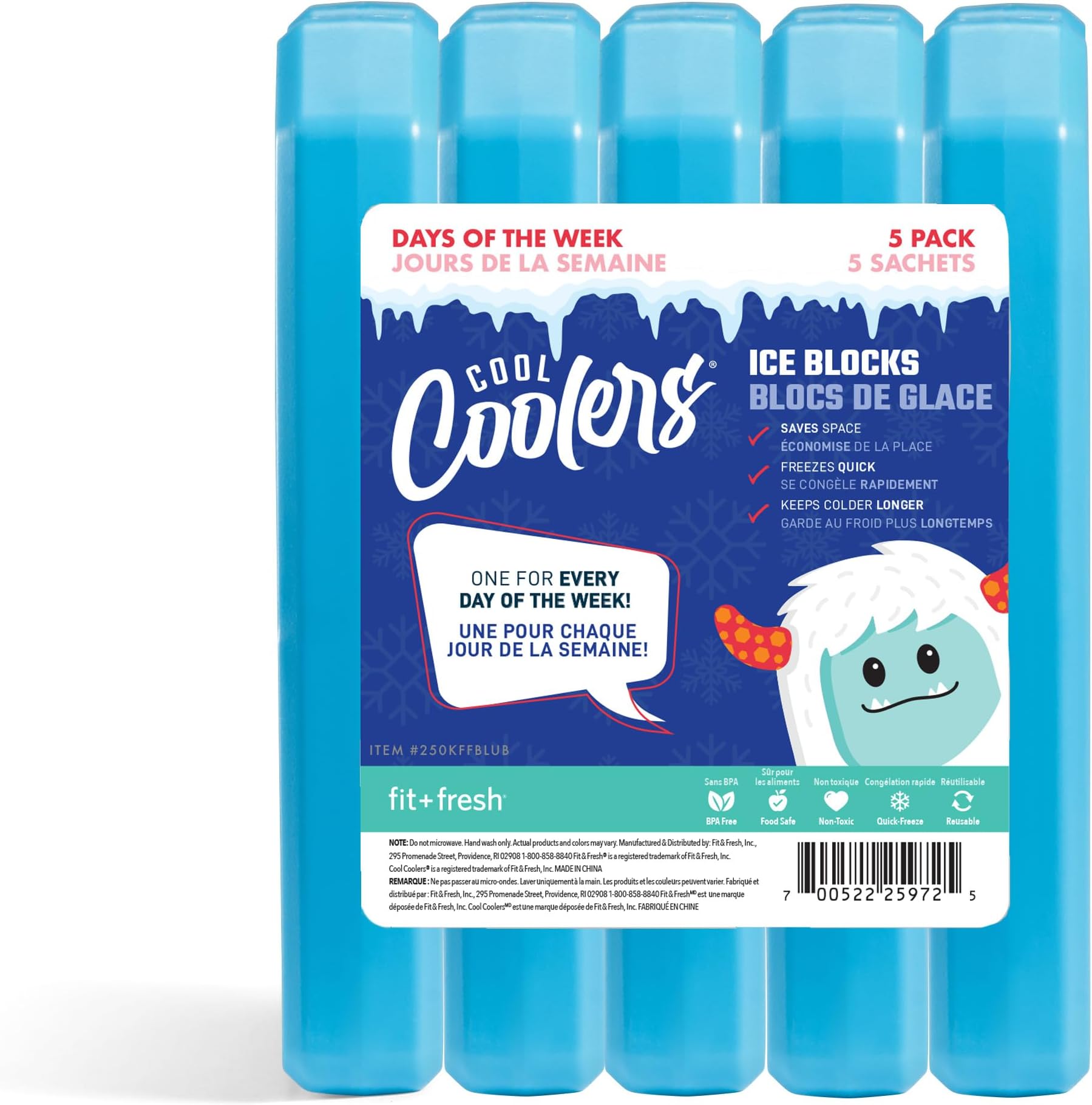Cool Coolers by Fit + Fresh, 5 Pack Days of the Week Ice Blocks, Compact & Reusable Ice Packs for Lunch Boxes & Coolers, Blue