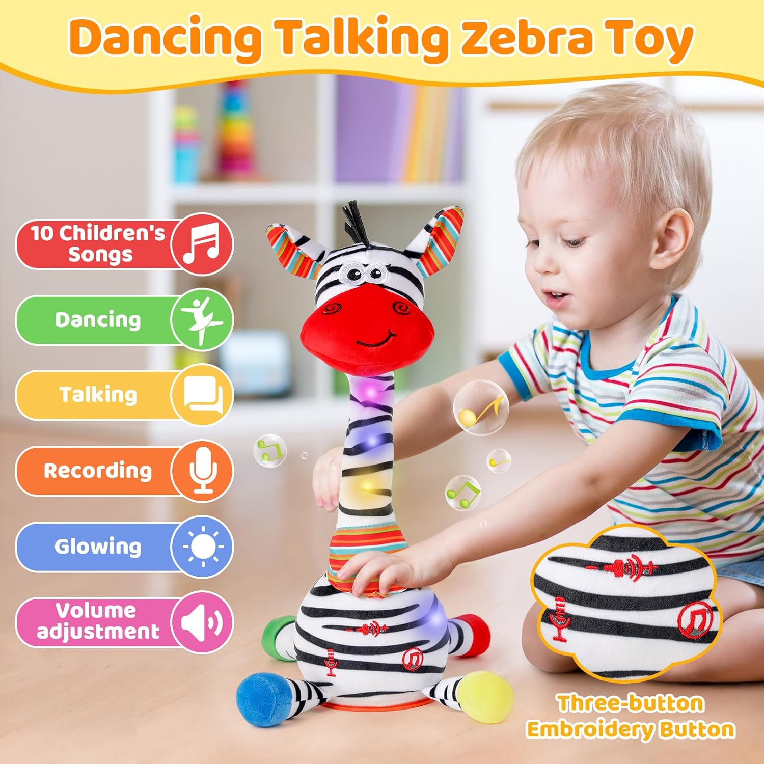 Dancing Talking Zebra Toy,Interactive Mimicking Repeating Zebra Plush Toy,Funny Gift Infant 6-18 Months,10 Children's Song,Tummy Time Toy Zebra Stuffed Animal for Toddlers 1 2 3 Year Old Boy Girl