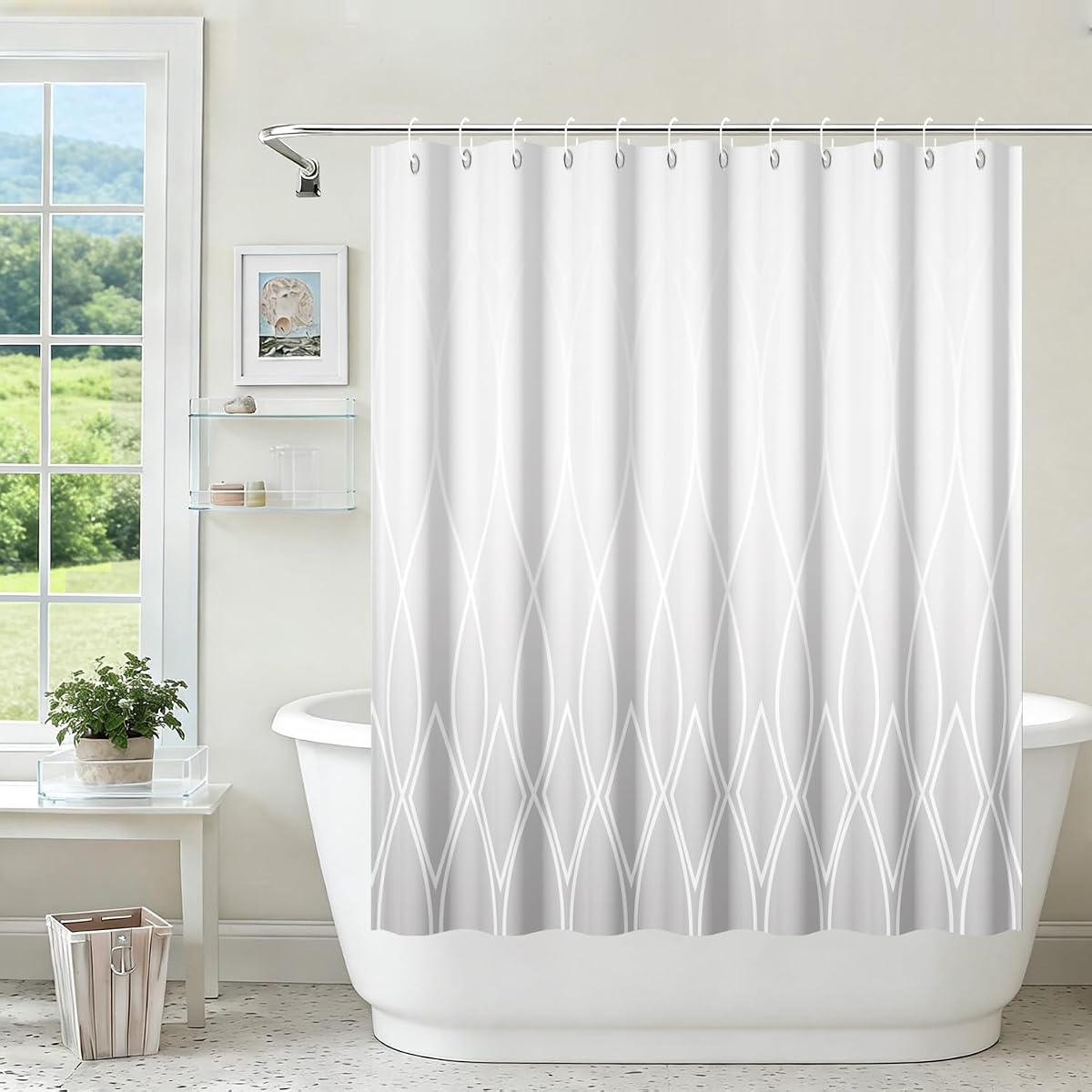 Yeele Cortina de ducha con entramado geométrico degradado gris plateado, cortina de ducha minimalista con degradado, impermeable, lavable a máquina, cortina de baño de tela de 59.8 x 71.7 in con ganchos