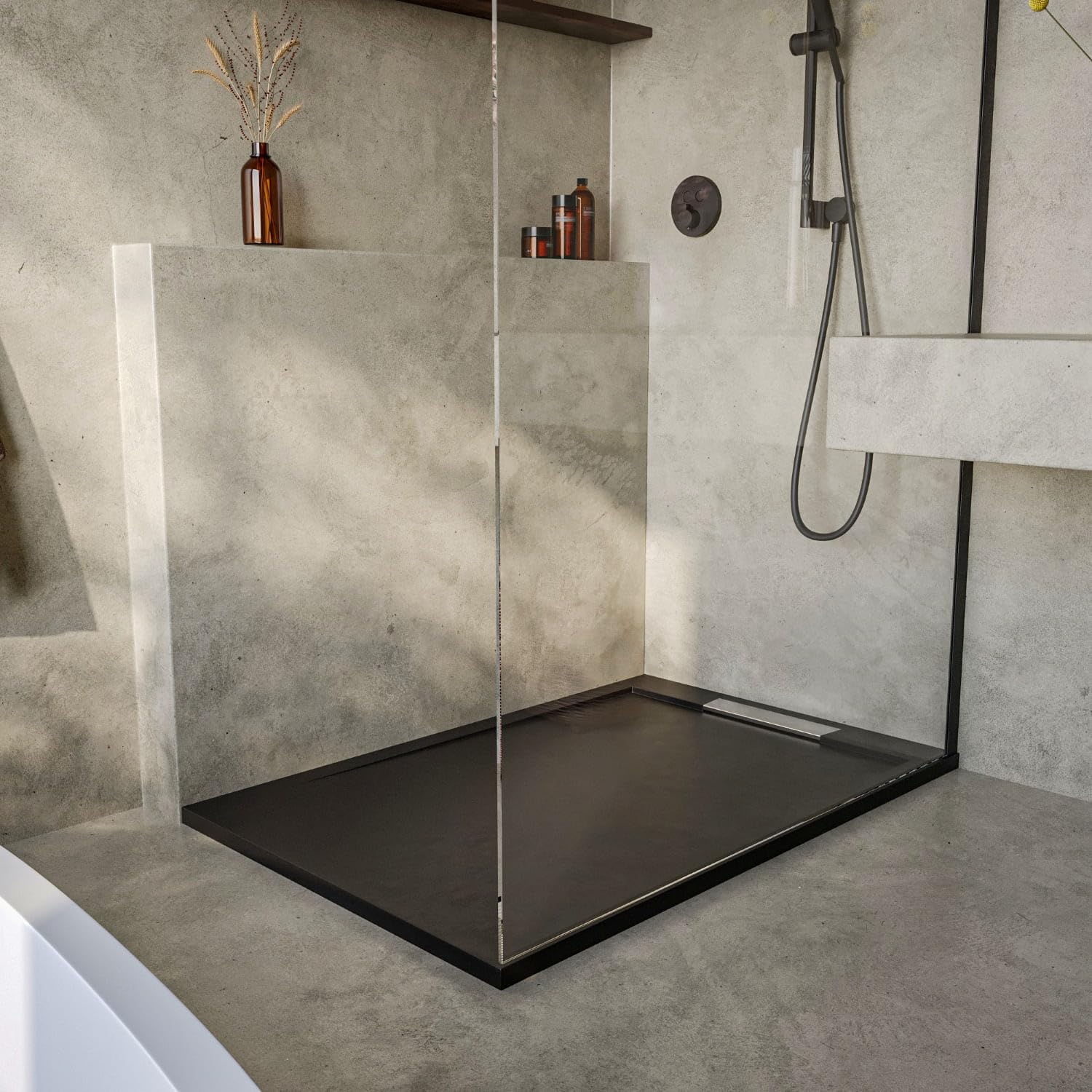 SOULHOME Brodzik prysznicowy– Żywica– Gel Coat– Gładka/Kamienna tekstura – Antypoślizgowy – czarny- 180x90- Niski 3cm– Elegancki
