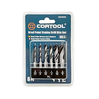 CORTOOL Brad Point Stubby Drill Bit Set for Wood, 6pcs HSS Drill Bit Set with 1/4-Inch Quick Change Hex Shank - 3/32 , 1/8 , 3/16 , 1/4 , 5/16 and 3/8 Inch Sizes Stubby Drill Bits for Wood