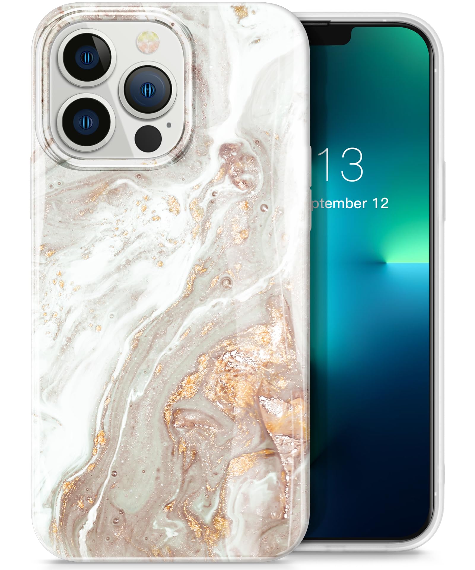 GVIEWIN for iPhone 13 Pro Case 6.1 Inch, [10FT Military Grade Drop Protection] Marble Phone Case Slim Glossy Soft TPU Shockproof Protective Cover for Women Men Stylish Phone Covers(Pearlescent/Gold)