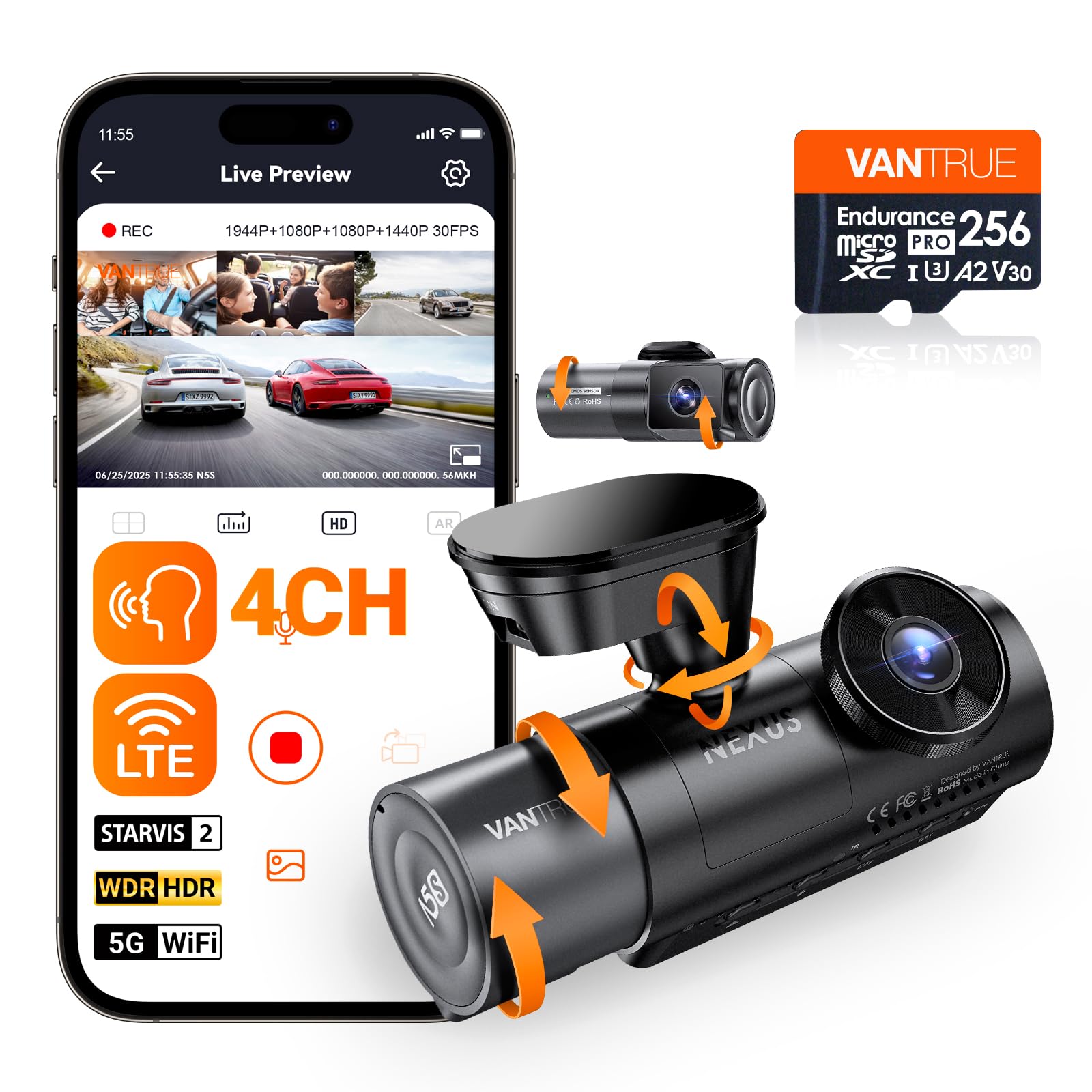 VANTRUE N5S Dashcam & 256GB microSD Speicherkarte, 4 Kanal STARVIS 2 Dashcam 2.7K+1080P+1080P+1440P Vorne Innen Hinten, HDR+WDR Auto Kamera mit 5GHz WLAN GPS, DSGVO Datenschutz Dash Cam