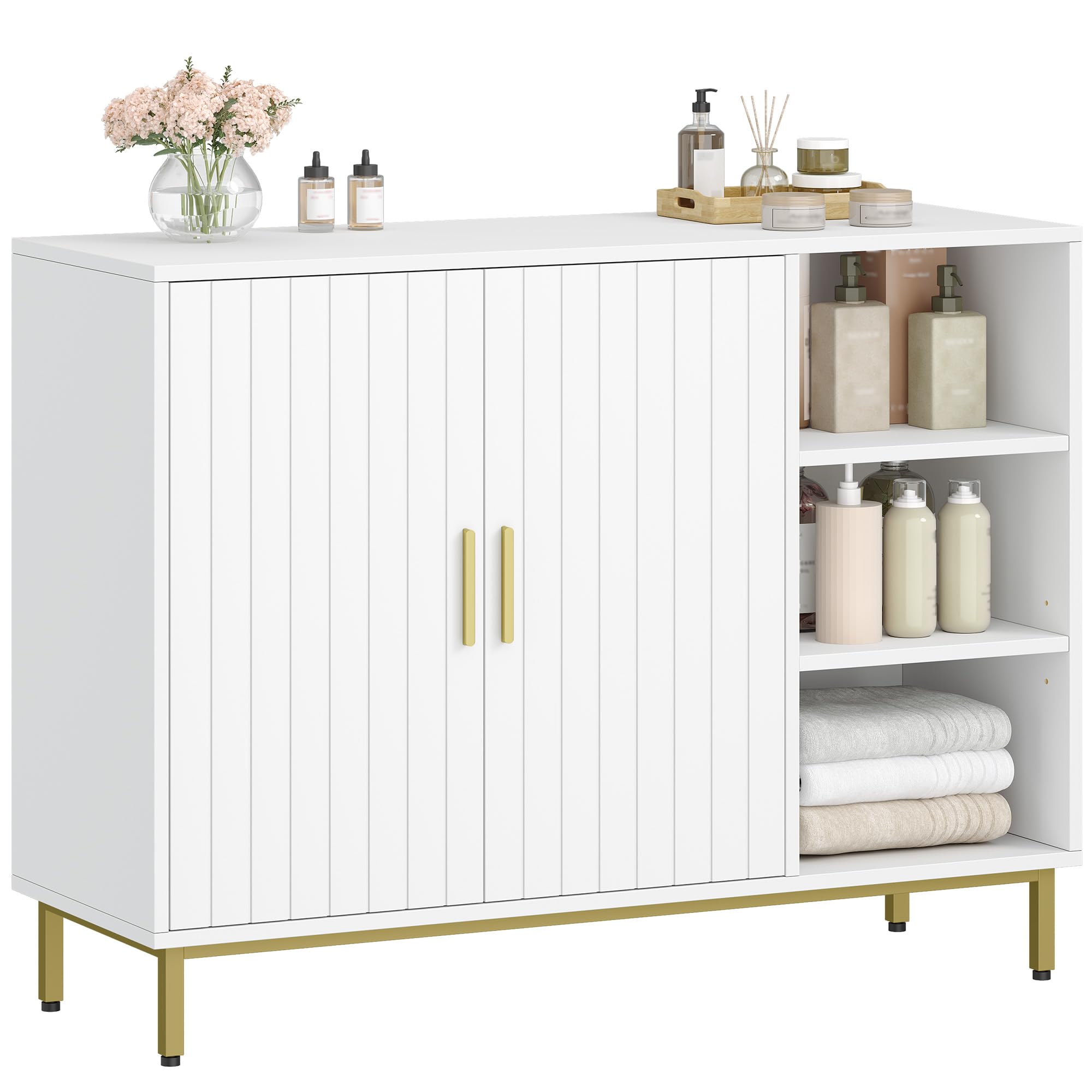Meuble de Salle de Bain, 100 x 35 x 75 cm, Blanc et Doré | Armoire de Rangement, Buffet Indépendant à Deux Portes, Étagères Réglables, FFBC021PW1