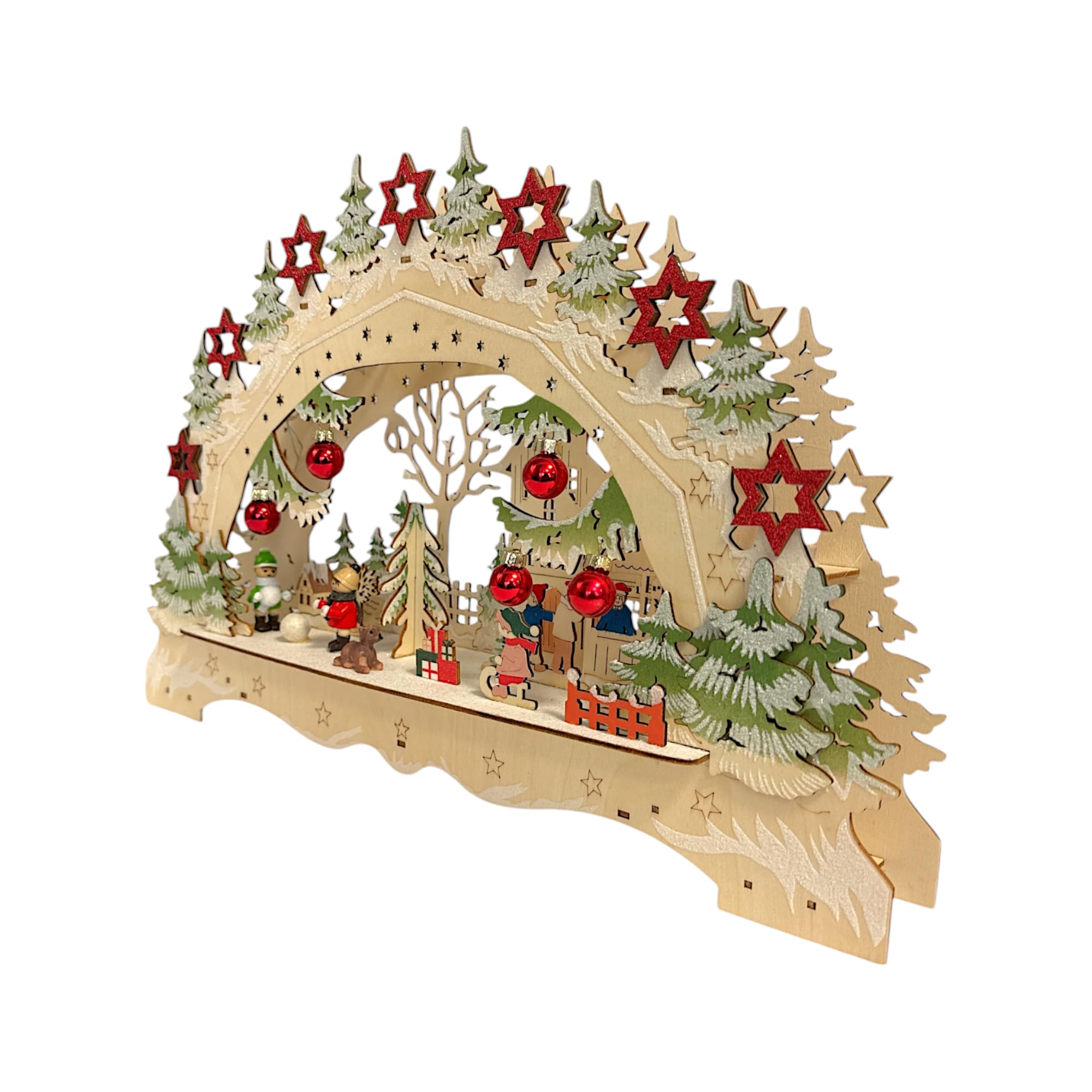 Wichtelstube-Kollektion LED Schwibbogen Weihnachtsmarkt Lichterbogen Weihnachten beidseitig bemalt Schwippbogen Echtholz batteriebetrieben mit integrierten Timer 45cm