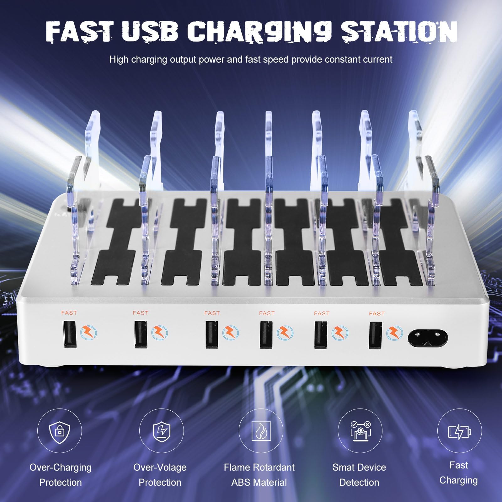 Estación de carga para múltiples dispositivos, cargador rápido USB de 6 puertos con 6 cables mixtos, base de carga multidispositivo para iPhone, iPad, teléfonos Android, tabletas, Kindle (plateado