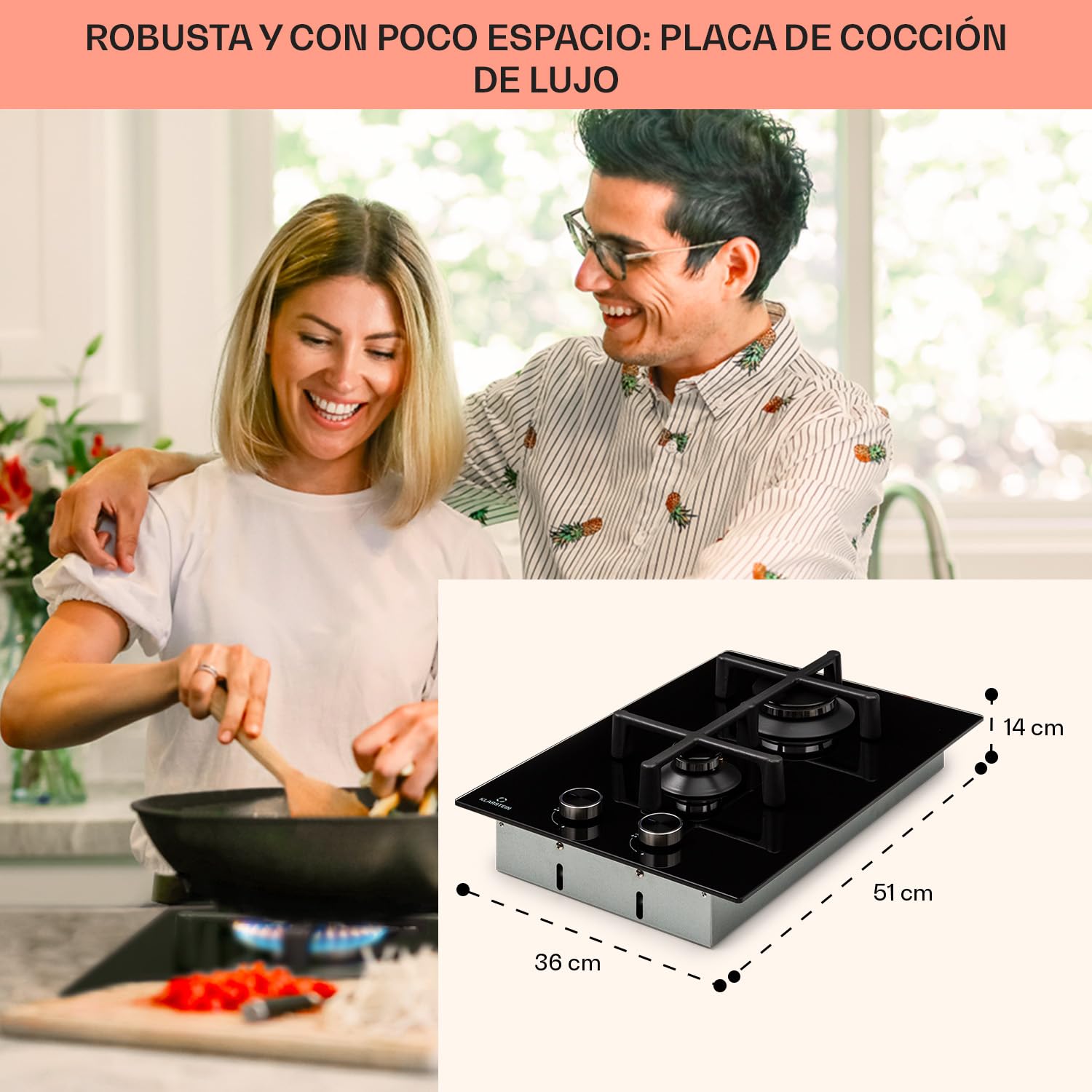 Klarstein Encimera Cocina de Gas, 2 Quemadores, Placa de Gas 4000W para Cocina, Cocinas de con Quemador Wok de Acero Inoxidable, Encimera 2 Fuegos con Quemadores de para Casa