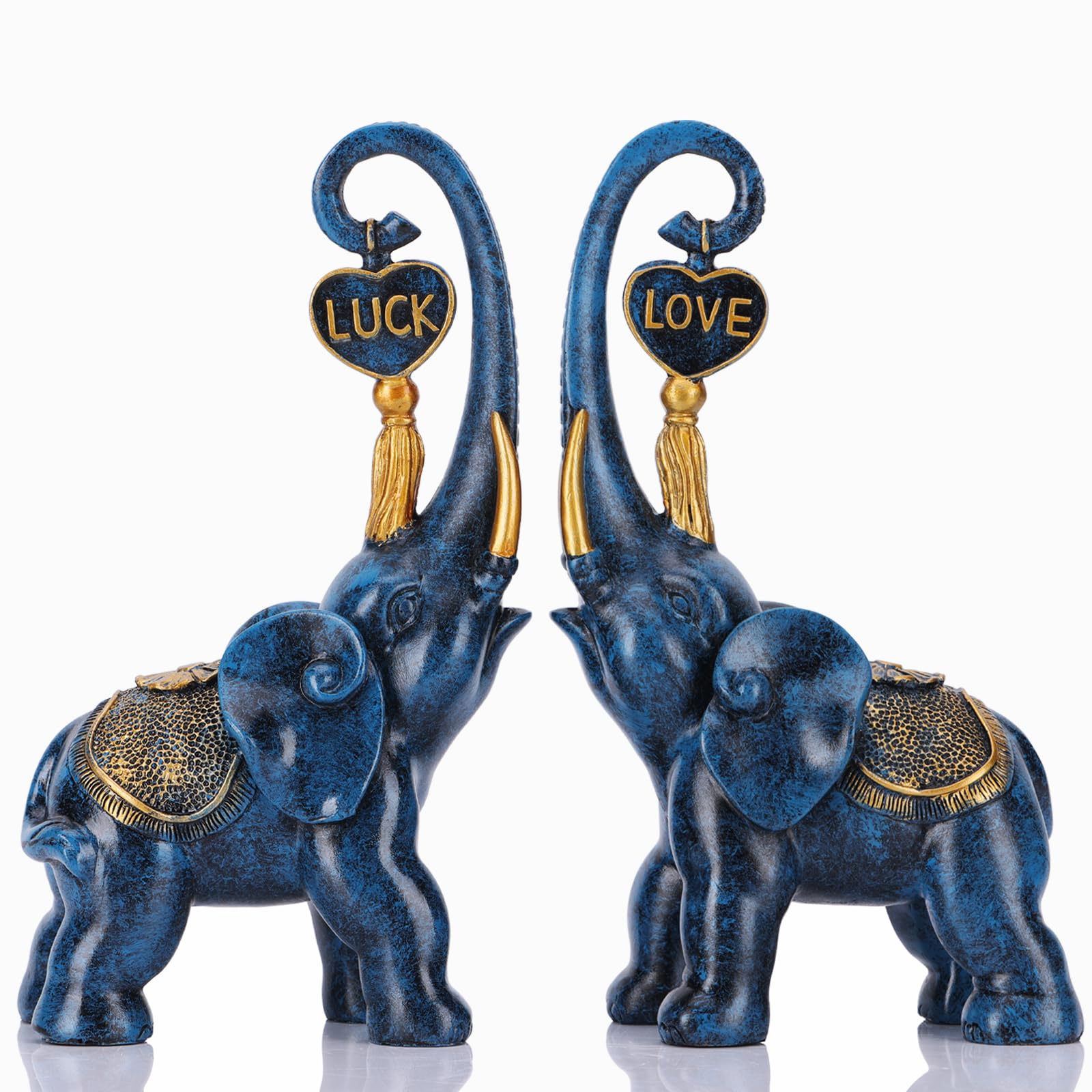 Juego de 2 piezas de estatua de elefante azul, escultura de elefante de amor, elefante azul para decoración del hogar, estantería de oficina, decoración de escritorio.