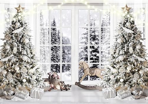 Alltten Fondo de fotos de Navidad de 8 x 6 pies, telón de fondo de árbol de Navidad de invierno, ventana exterior, paisaje nevado, telón de fondo de