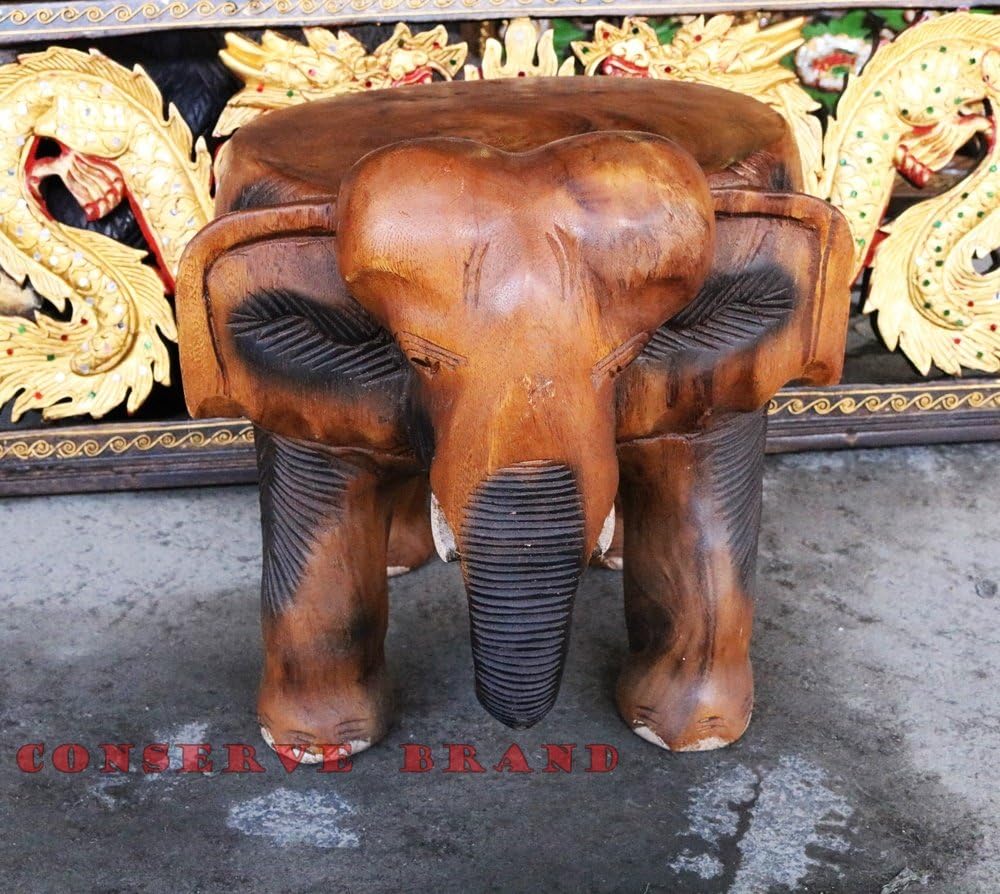 CONSERVE Chang Thai, Elephant Table Diameter 12 inches x Heigh 12 inches Carved Elephant with Livos Walnut Oil Finish Brand