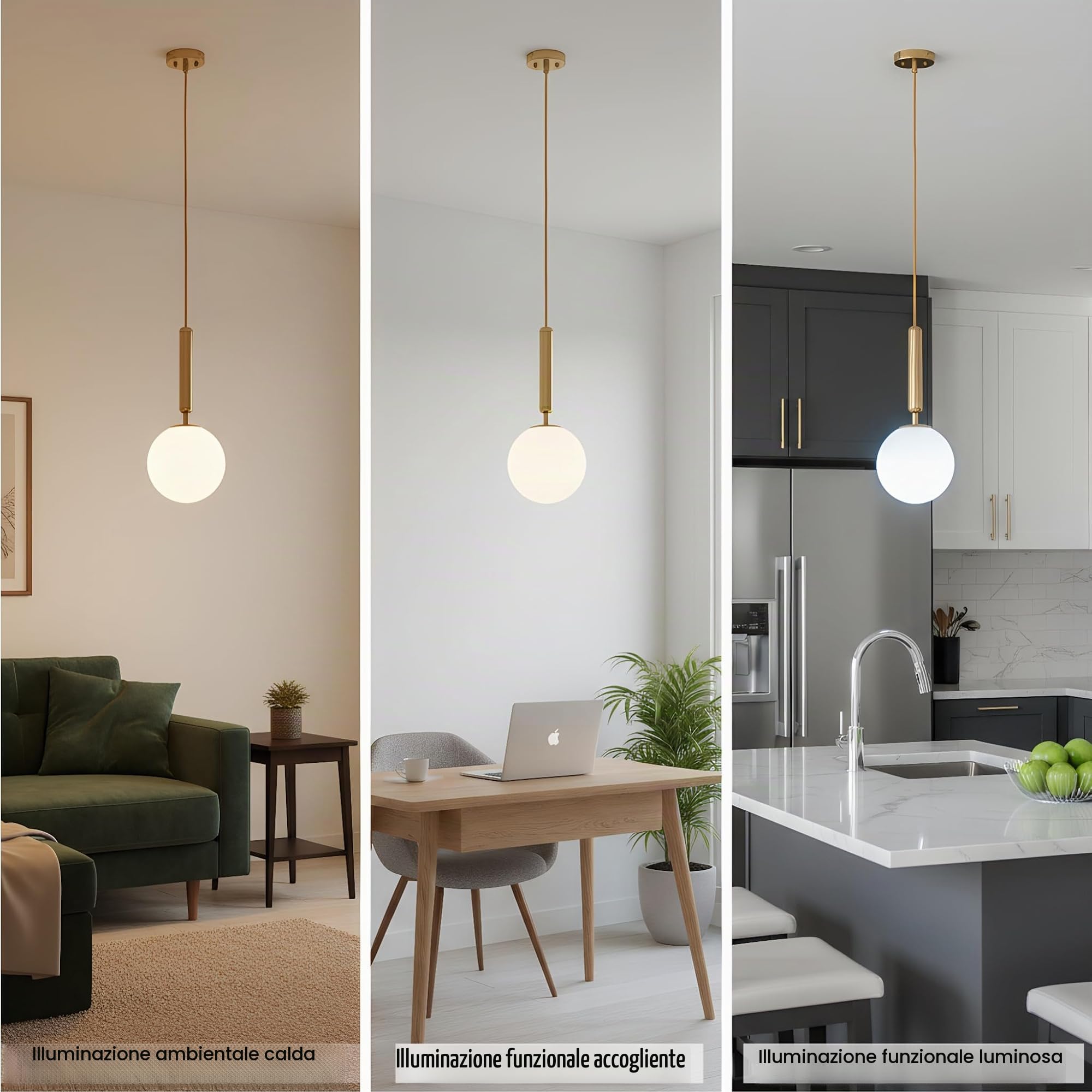 Lampadario a Sfera in Vetro,Lampada a Sospensione Regolabile in Altezza E27 Dorata per Camera da Letto, Sala da Pranzo e Bagno (Bianco)