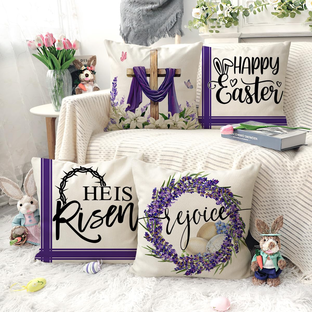 4TH Emotion Easter Throw Pillow Covers 18 x 18 Inch Set of 4, He is Risen Spring Farmhouse Holiday Purple Cushion Case for Home Sofa Couch Decoration TH177 2