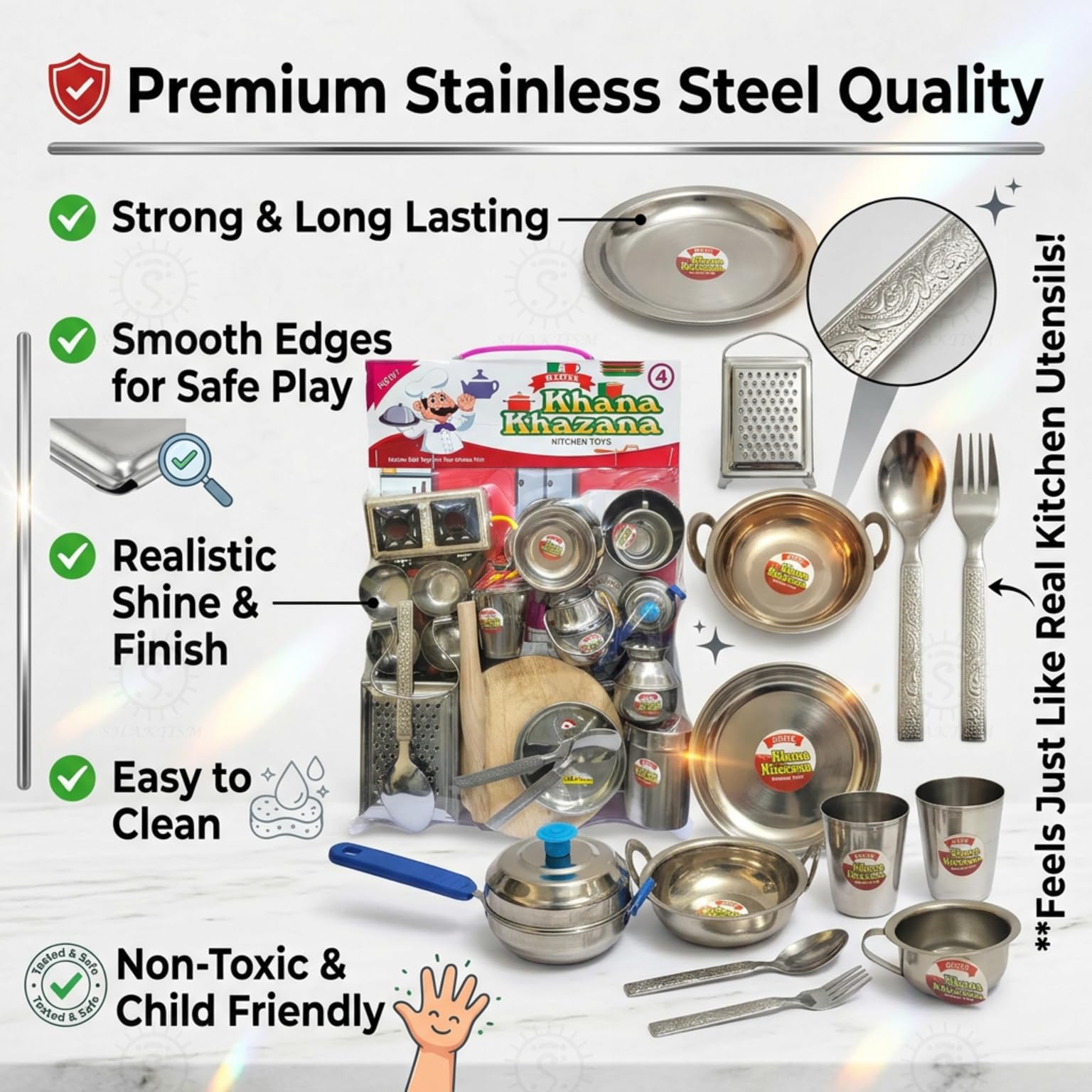 SHAKTISM Steel Kitchen Set Toys for Kids, Role Playing Kitchen Set of Stainless Steel with Wooden Chakla Belan Set, Master Chef Role Playing Kitchen Set Master Chef for Kids (Kitchen Set No-04)