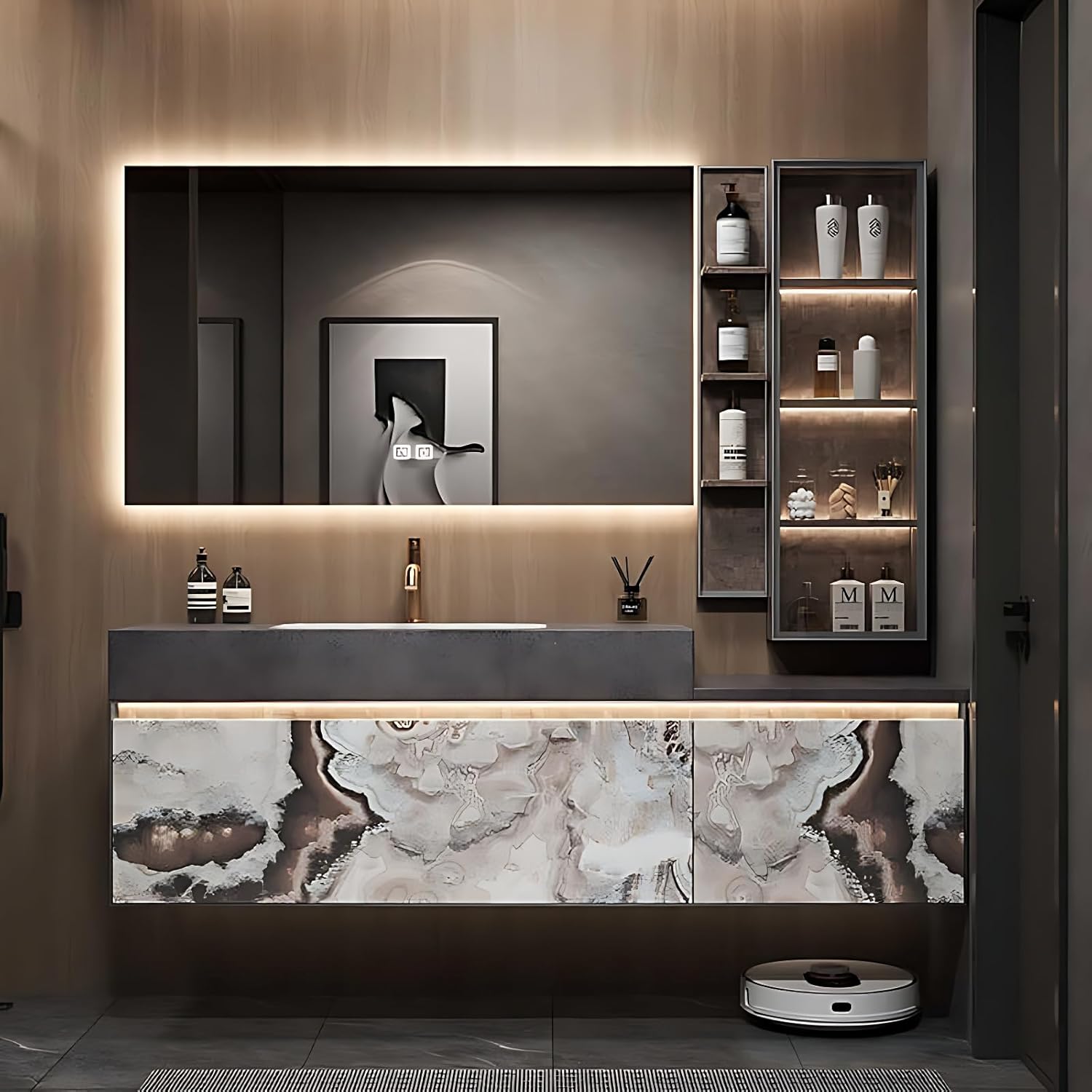 Bathroom Vanity with Sink- Modern Bathroom Sink Vanity with Smart LED Defog Mirror ? 2 Drawers, Solid Wood Bathroom Cabinet, Wall Mounted (White, 44'')