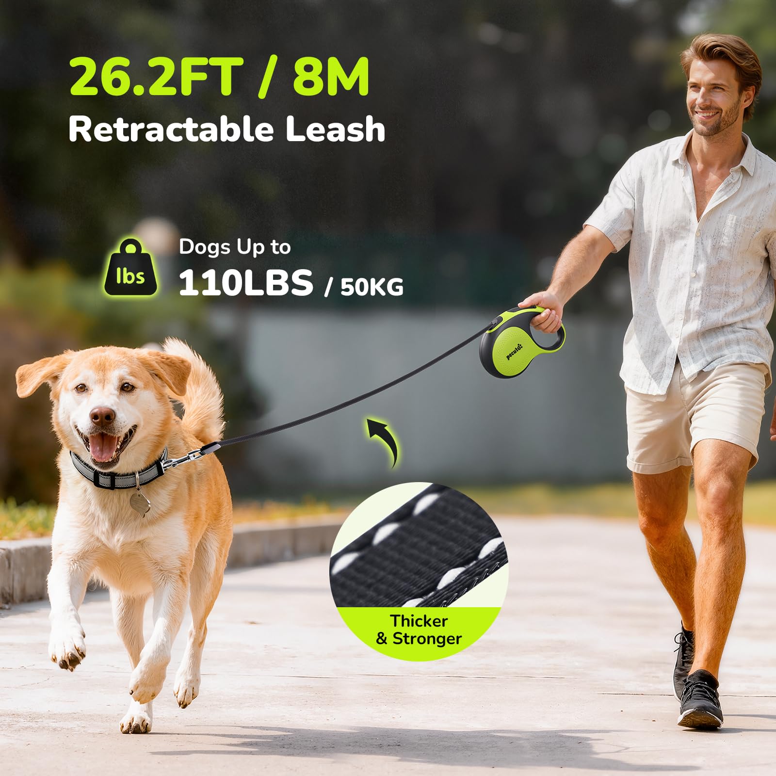 Pecute Guinzaglio Retrattile per Cani, Guinzaglio per Cane 8m con Guinzaglio Esteso Senza Grovigli a 360°, Impugnatura Antiscivolo e Pulsante di Freno Rapido,Verde