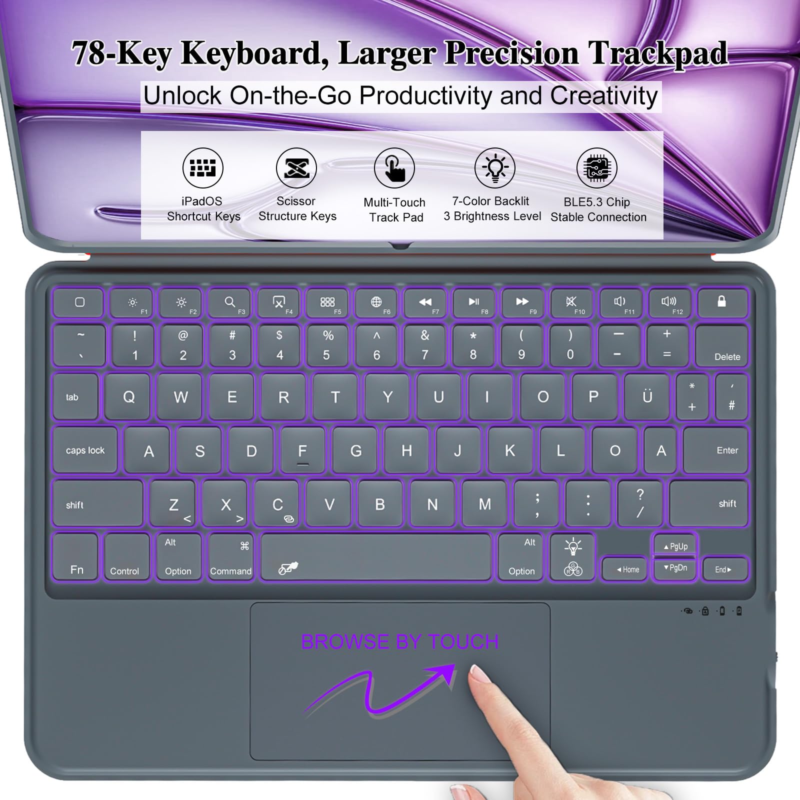 Funda con Teclado para iPad Air 13 Pulgadas (M4/M3/M2, 2026/2025/2024), Teclado Inalámbrico para iPad Pro 12,9 6ª/5ª/4ª/3ª, Desmontable Magnéticamente, Trackpad, Retroiluminación en 7 Colores (Gris)