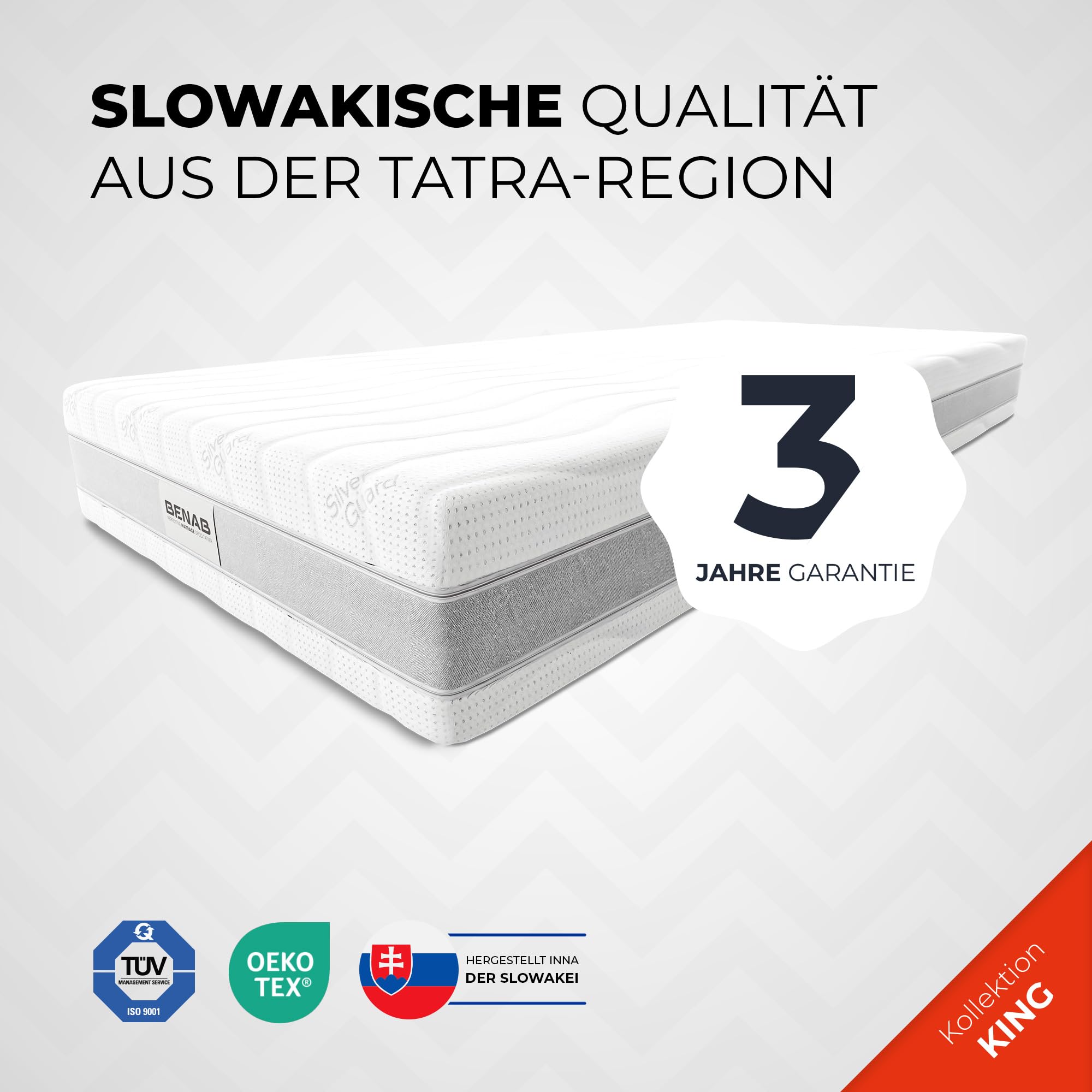BENAB King ORIGINAL HR Coco Matratze mit Kokos 200 x 200 cm – 22cm Hoch – 7-Zonen Kaltschaummatratze & PUR-Schaum – Härtegrad H3/H4 Wendematratze – Antibakterieller Silver Guard Bezug