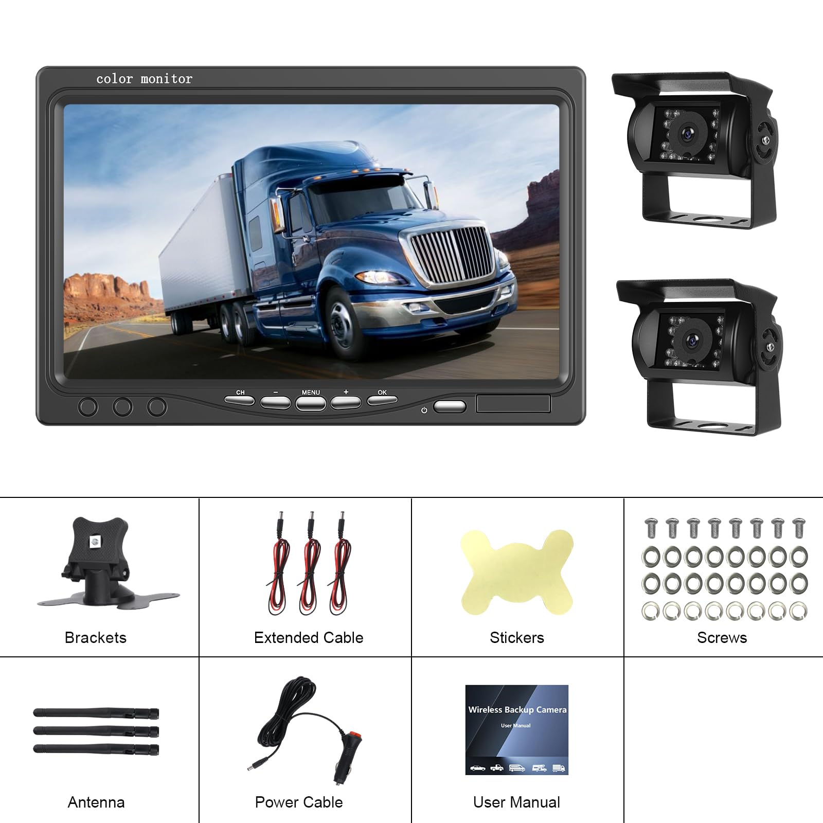 1080P 7 Pollici Digitale Senza Fili Telecamera Retromarcia Kit con 2 Telecamere Posteriore e Monitor IPS, per Auto Camion Camper 12V-36V con IP68 Impermeabile Avviso di Angolo Cieco, Visione Notturna