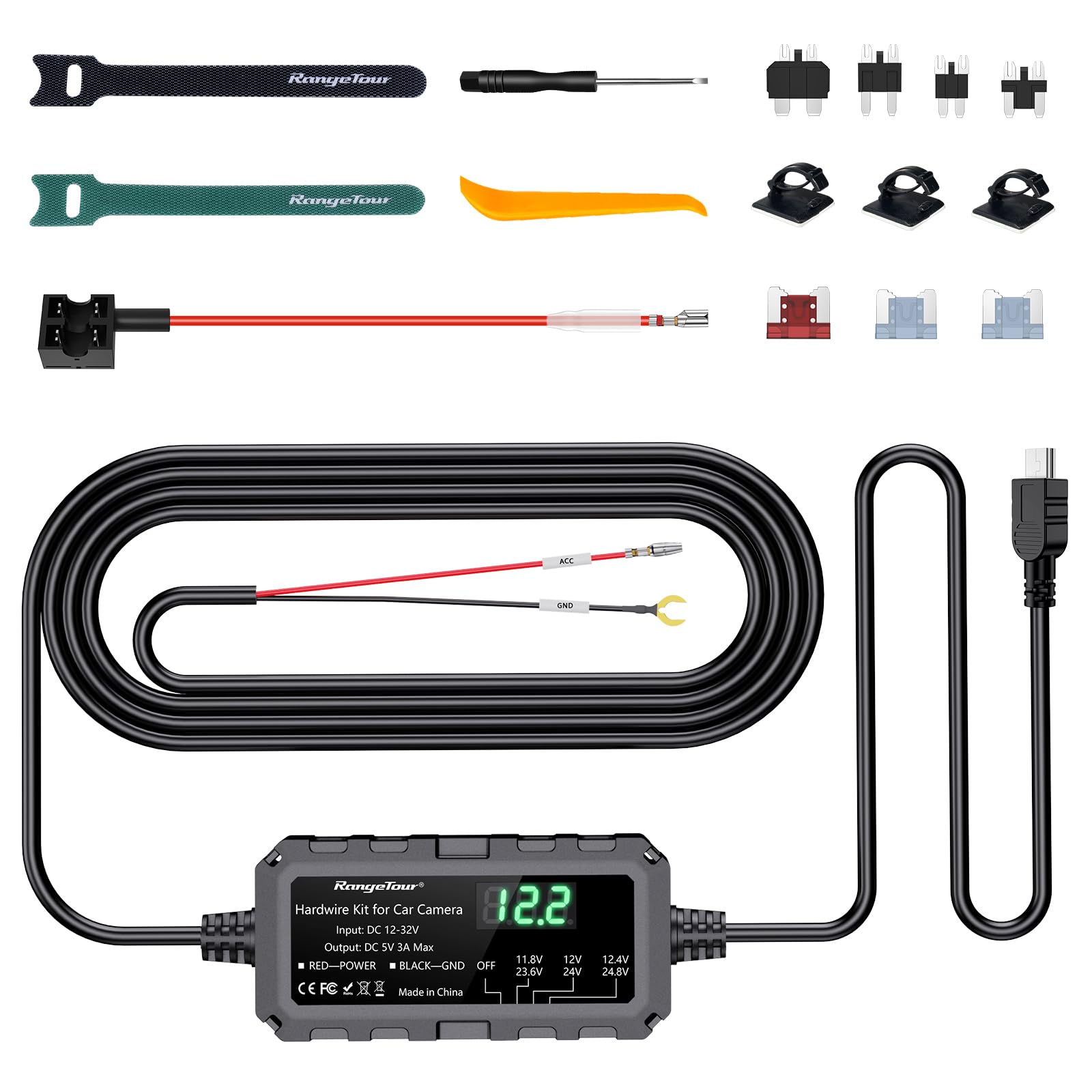 Kit de cable duro anticaídas de voltaje para dashcam Mini USB con monitoreo de coche 24h 8