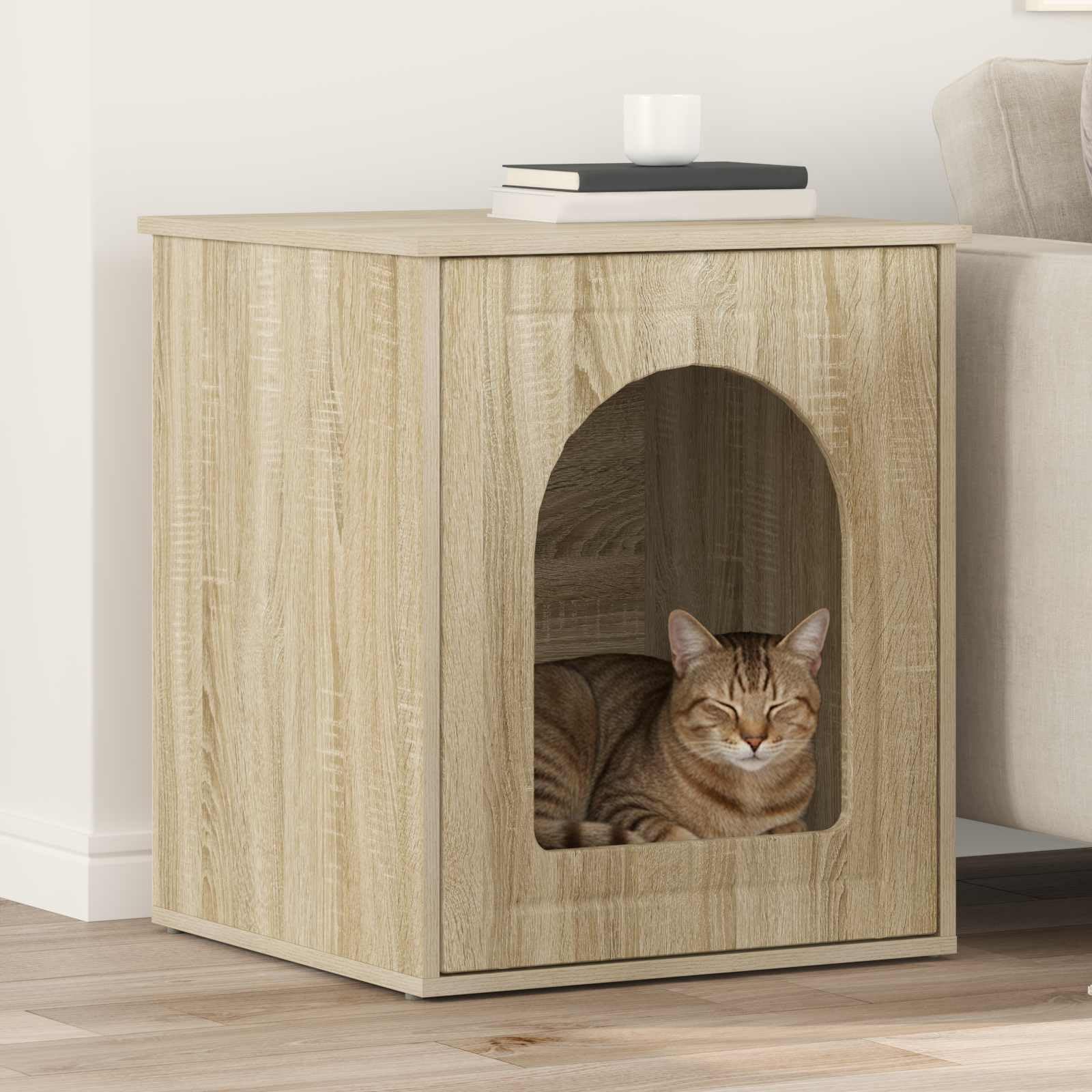 Casa de gato moderna de madera resistente con diseño elegante y acogedor refugio para mascotas, 53 x 52 x 62 cm, incluye accesorios para fácil montaje, ideal