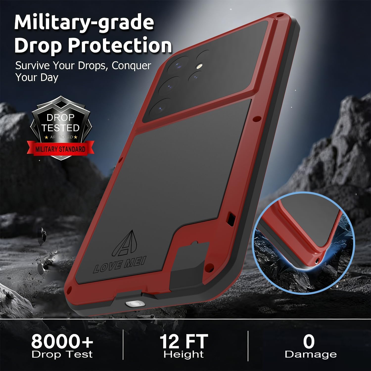 LOVE MEI for Samsung Galaxy S26 Ultra Case,Outdoor Sports Military Heavy Duty Metal Shockproof Dustproof Full Body Case with Built in Tempered Glass Screen Protector (Red, S26 Ultra)