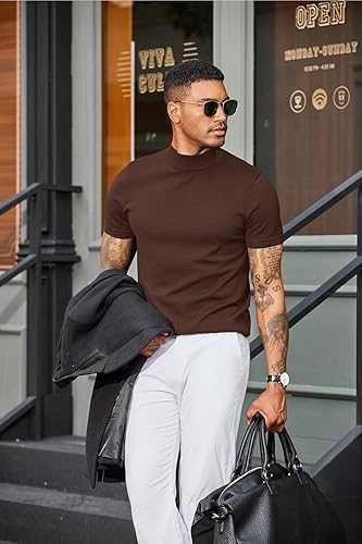 Miniatura 2 de COOFANDY Suéter de cuello alto falso para hombre manga corta color sólido básico ajustado de punto